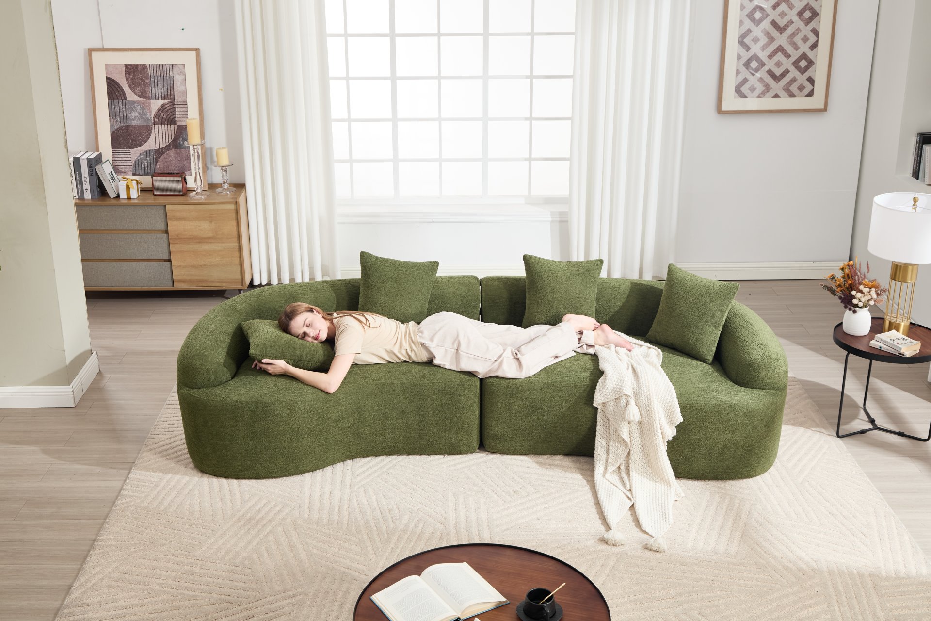 4 Seater Sofa With Chenille Fabric, 30D, 60 Hardness Full Sponge, 4 Pillow For Living Room, Home Furniture Sleeper Sectional Sofa For Apartment - Green - Image 35