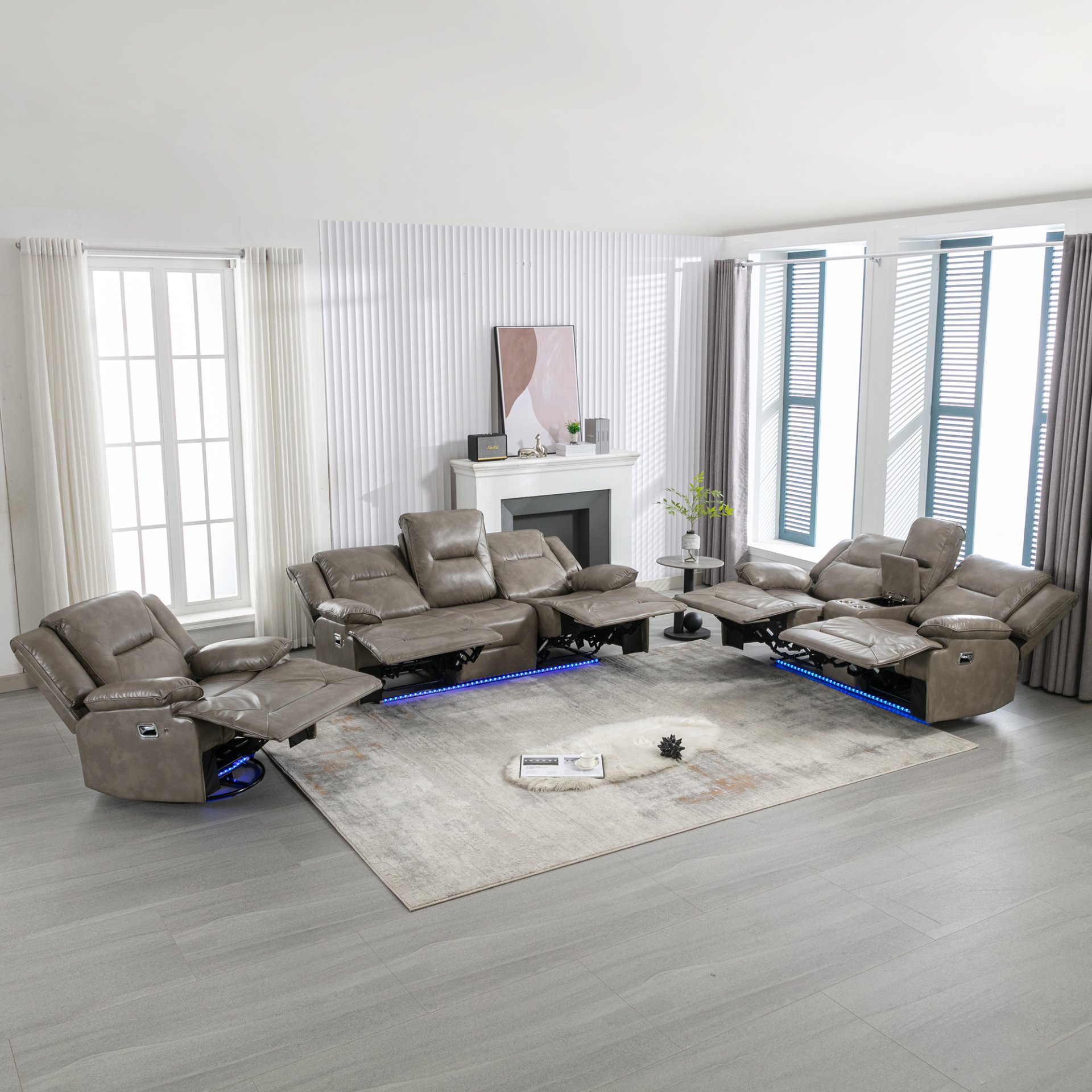 Home Theater Recliner Set Manual Recliner Chair With A Led Light Strip Two Built-In Cup Holders For Living Room - Gray - Image 13