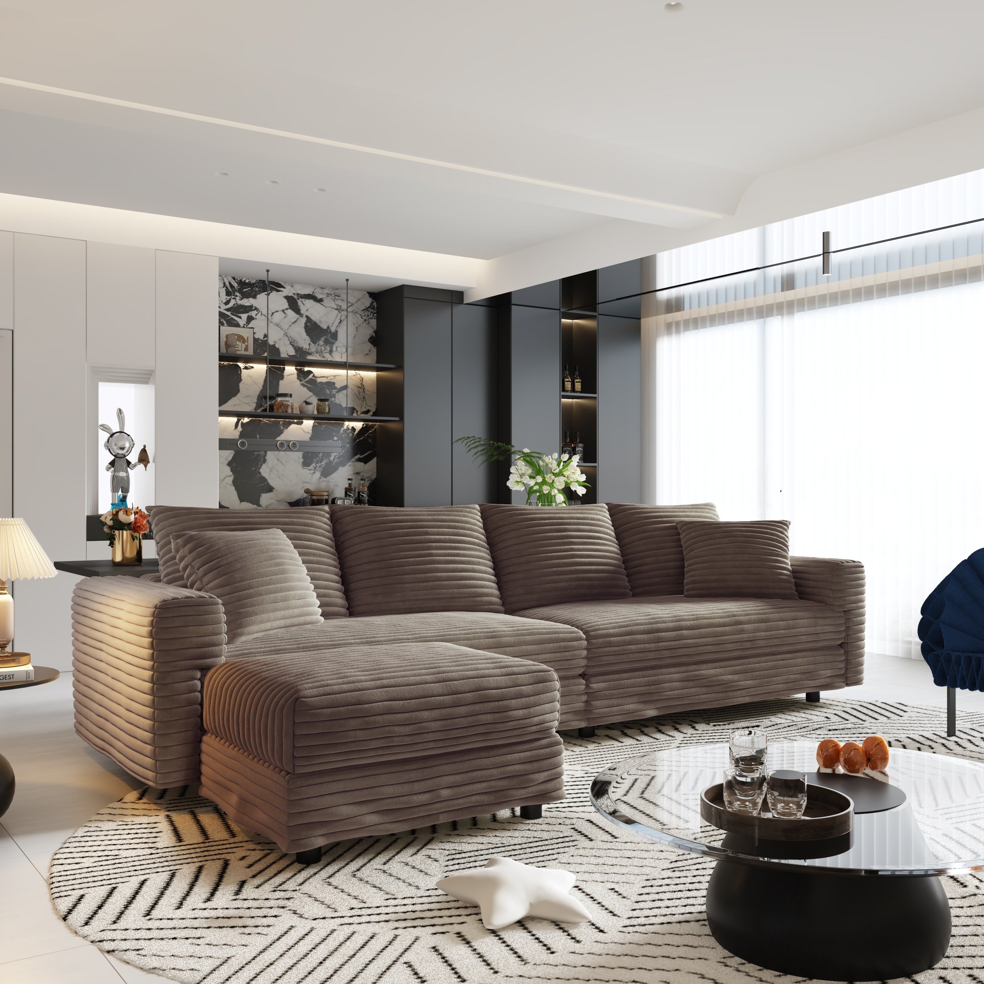 4 Seat Sofa, Deep Seat Couches With Soft Pillows And Movable Ottoman, Convertible Sofa Lounge Chair, For Living Room - Camel - Image 2