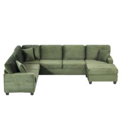 Modern Sectional Sofa U Shaped With Movable Ottoman And Side Storage Pockets Corduroy - Green