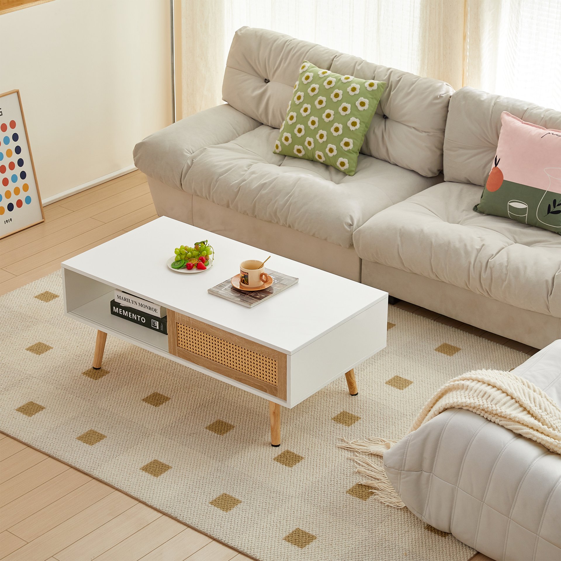 41.34" Rattan Coffee Table, Sliding Door For Storage, Solid Wood Legs, Modern Table For Living Room - White - Image 6