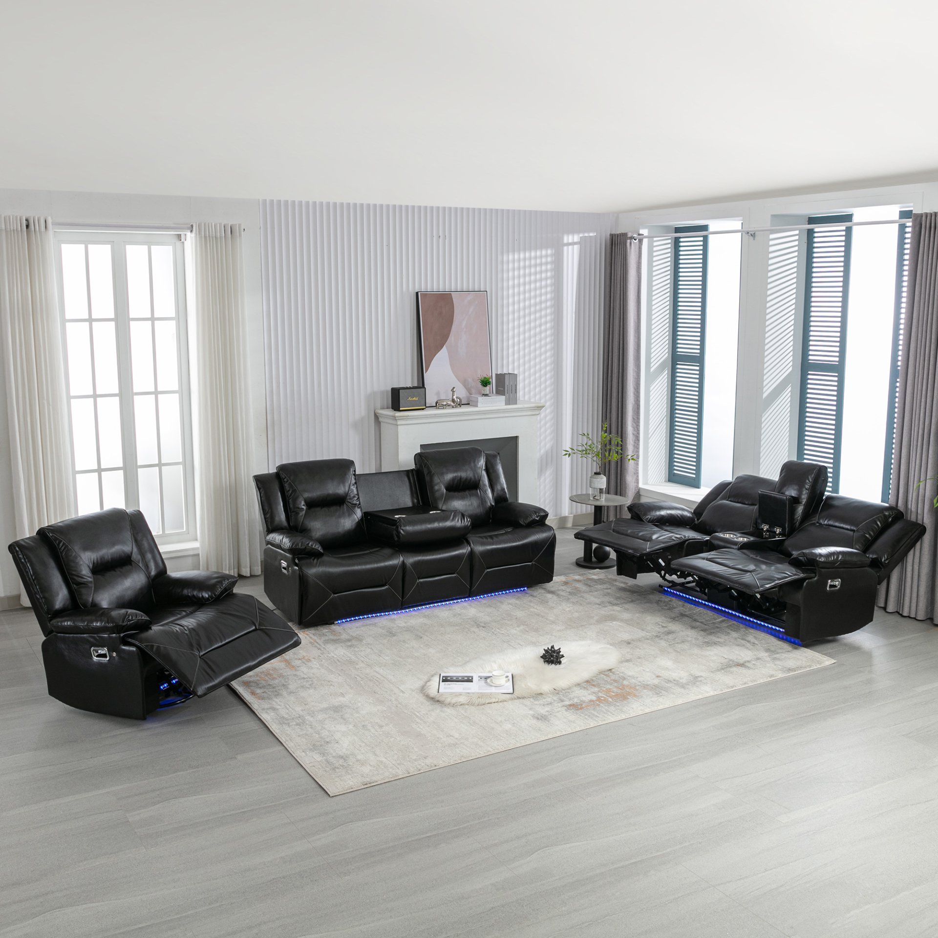 Home Theater Recliner Set Manual Recliner Chair With A Led Light Strip Two Built-In Cup Holders For Living Room - Black - Image 13
