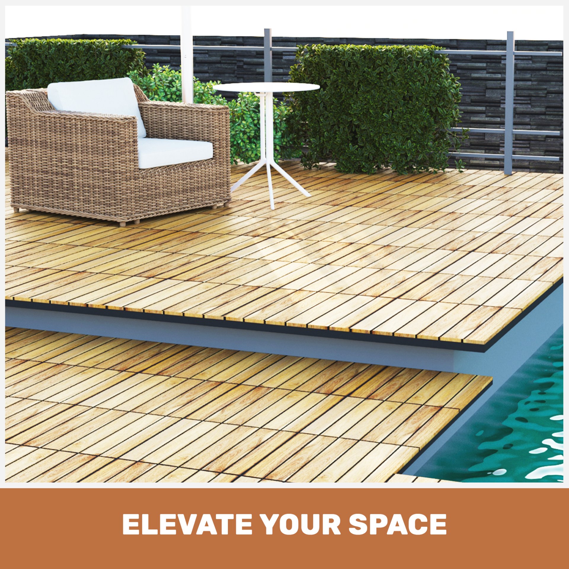 10 Piece Interlocking Deck Tiles Striped Pattern, Square Acacia Hardwood Outdoor Flooring For Patio, Bancony, Pool Side - Yellow - Image 31