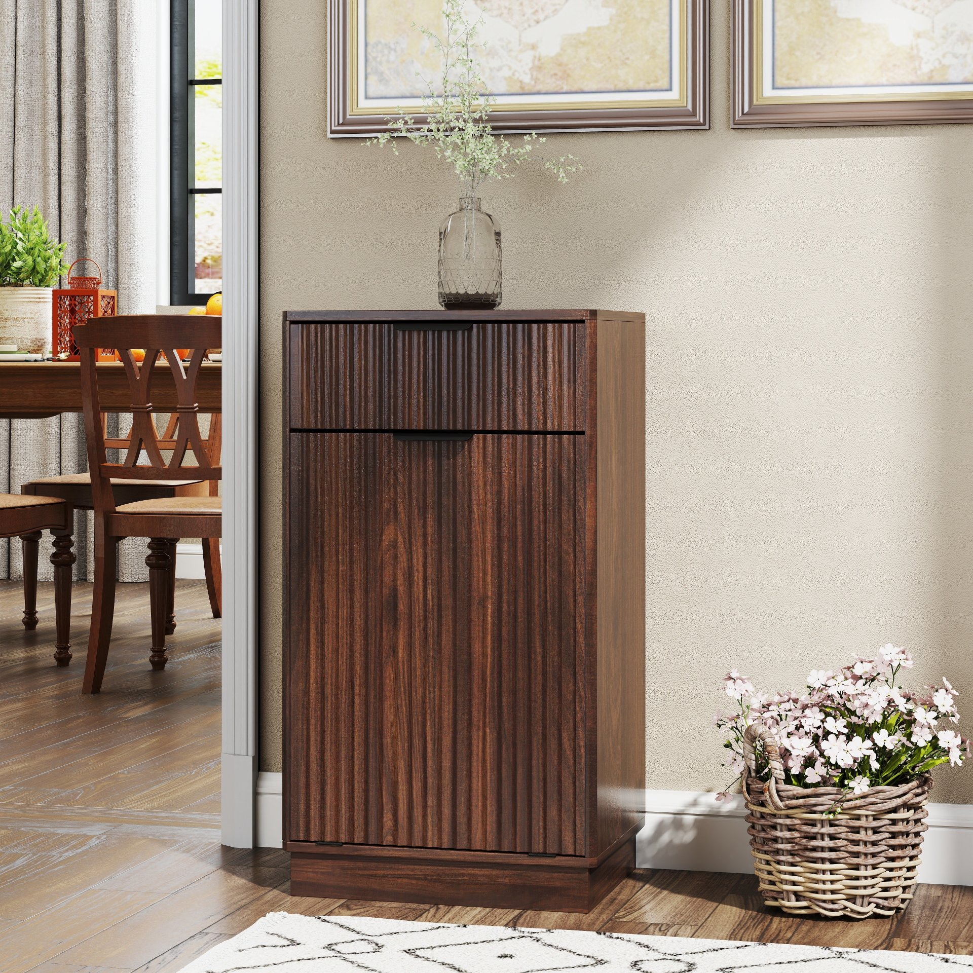 Tilt Out Trash Can Cabinet With Wave Textured Drawer & Pull Out Bin - Walnut - Image 7
