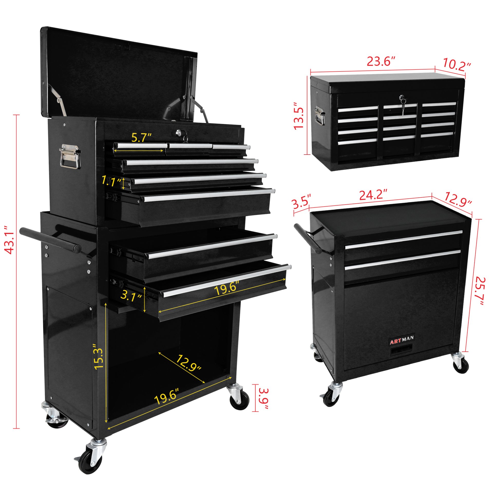 High Capacity Rolling Tool Chest With Wheels And Drawers, 8 Drawer Tool Storage Cabinet - Black - Image 3