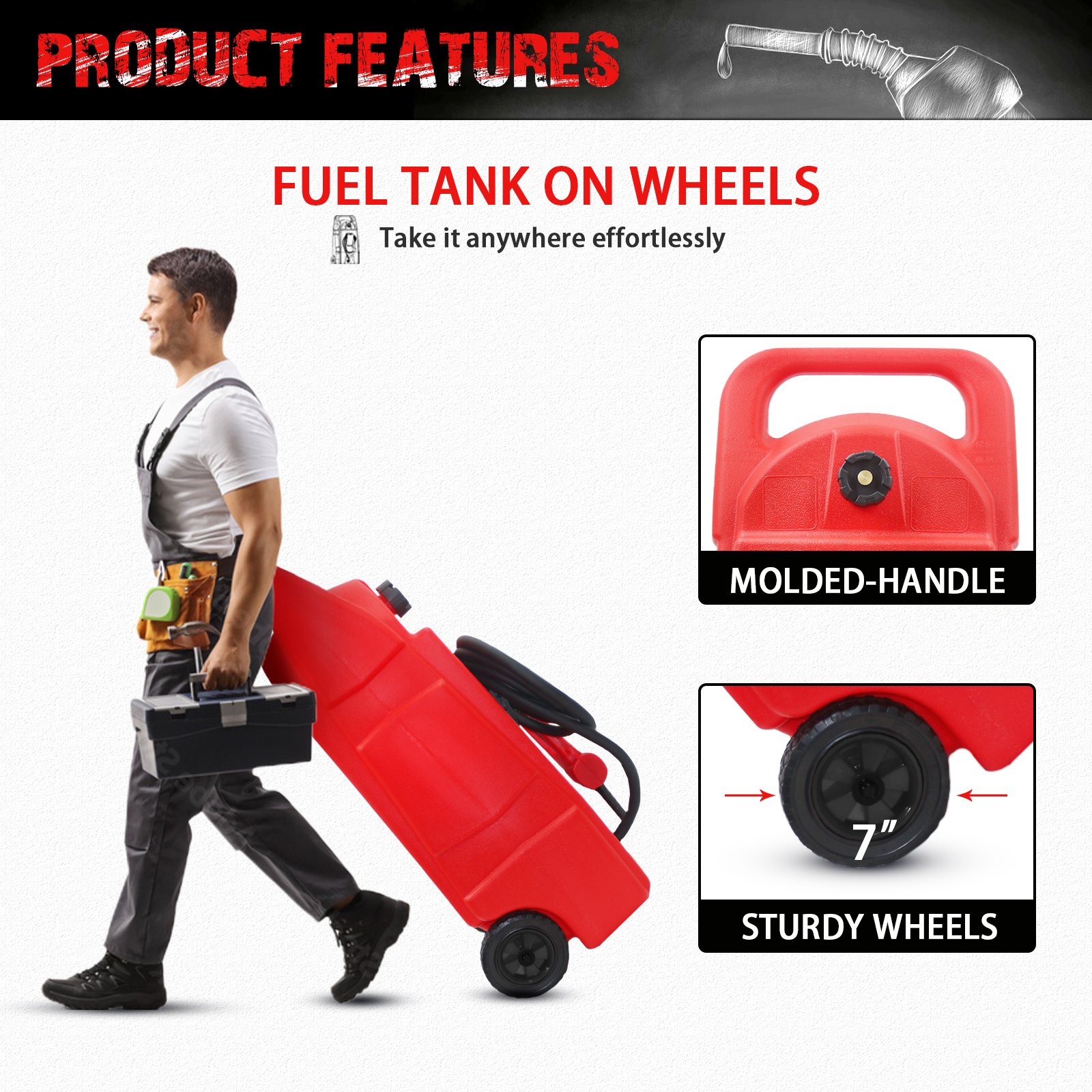 34 Gallon Gas Caddy With Wheels Fuel Transfer Tank Gasoline Diesel Can Fuel Storage Tank For Automobiles ATV Car Mowers Tractors Boat Motorcycle - Red - Image 8