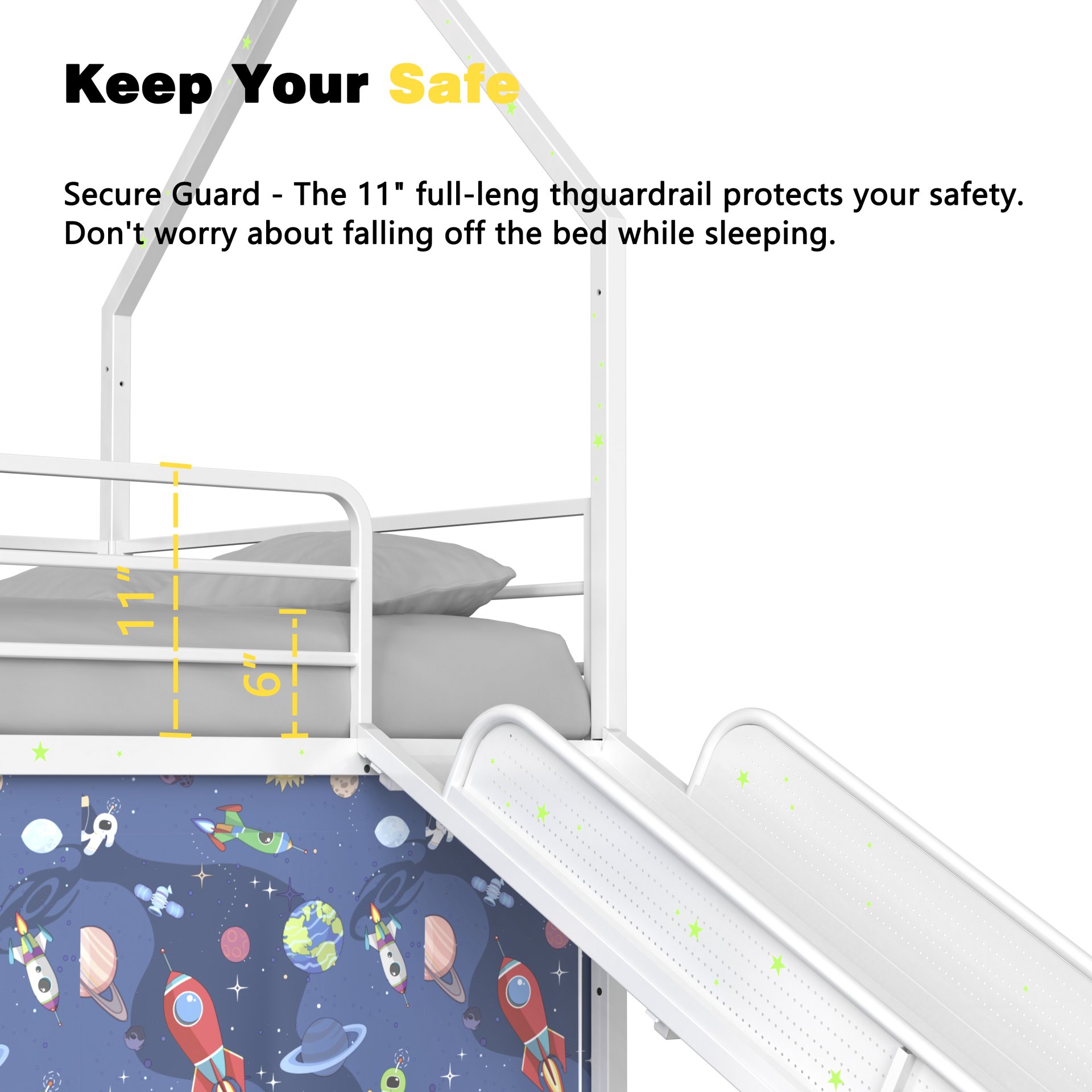 Jack - House Twin Loft Bed With Slide And Curtain Set - White / Blue - Image 16