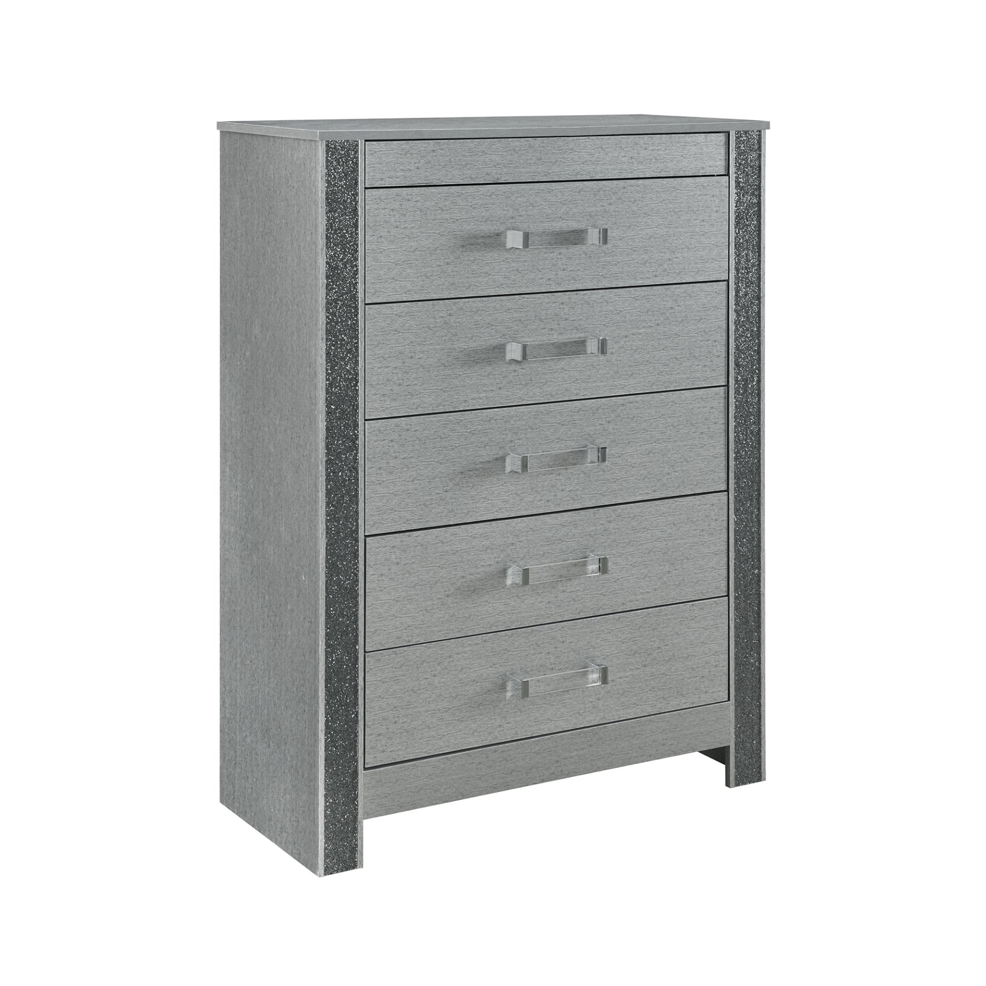 Lorenzo - 5 Piece Queen Bedroom Set With Glittered Detailing And Bar Handles - Silver - Image 4