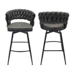 Technical Leather Woven Bar Stool (Set of 2), 360 Swivel Upholstered Chairs With Back Footrest - Brown / Tan