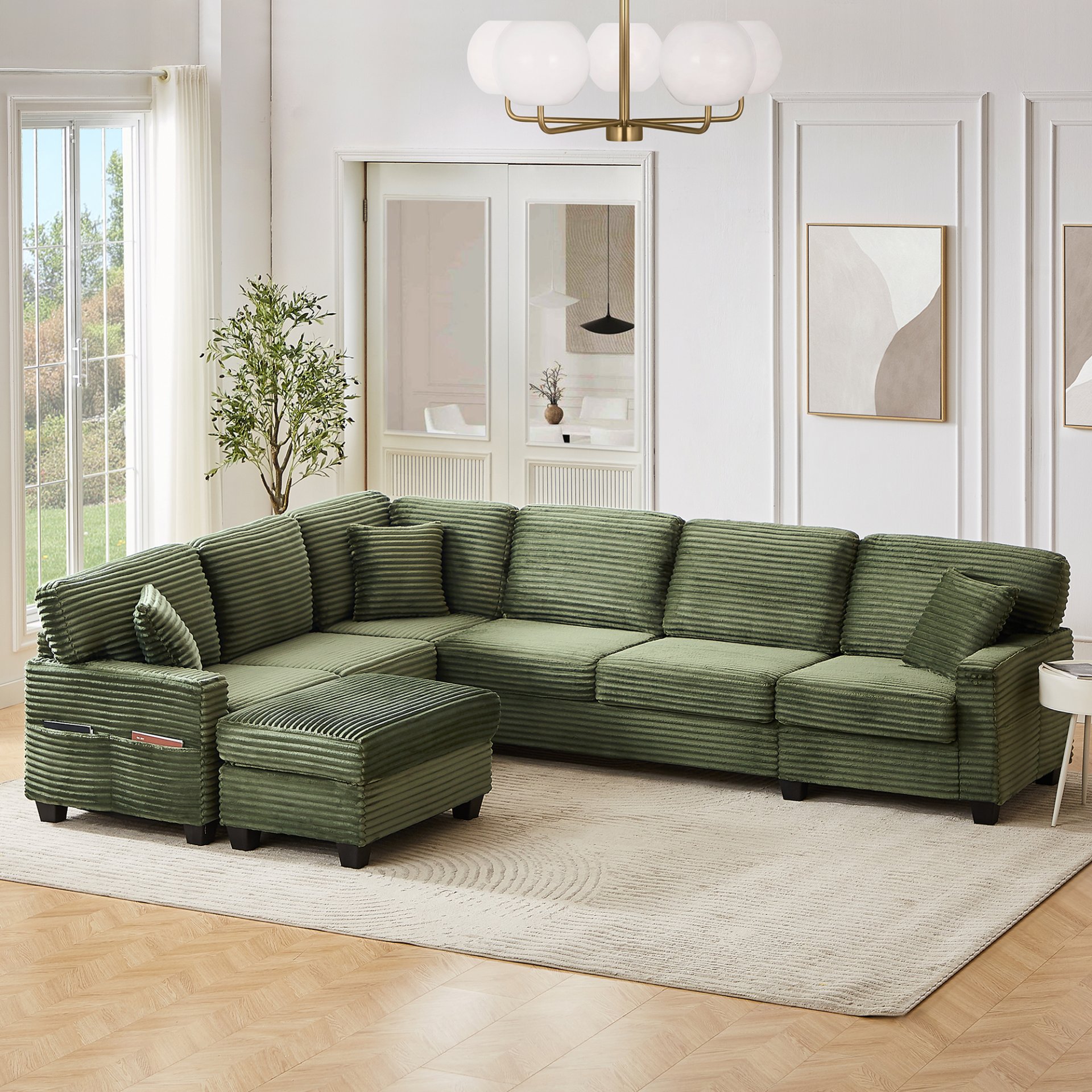 Modern Sectional Sofa U Shaped With Movable Ottoman And Side Storage Pockets Corduroy - Green - Image 9