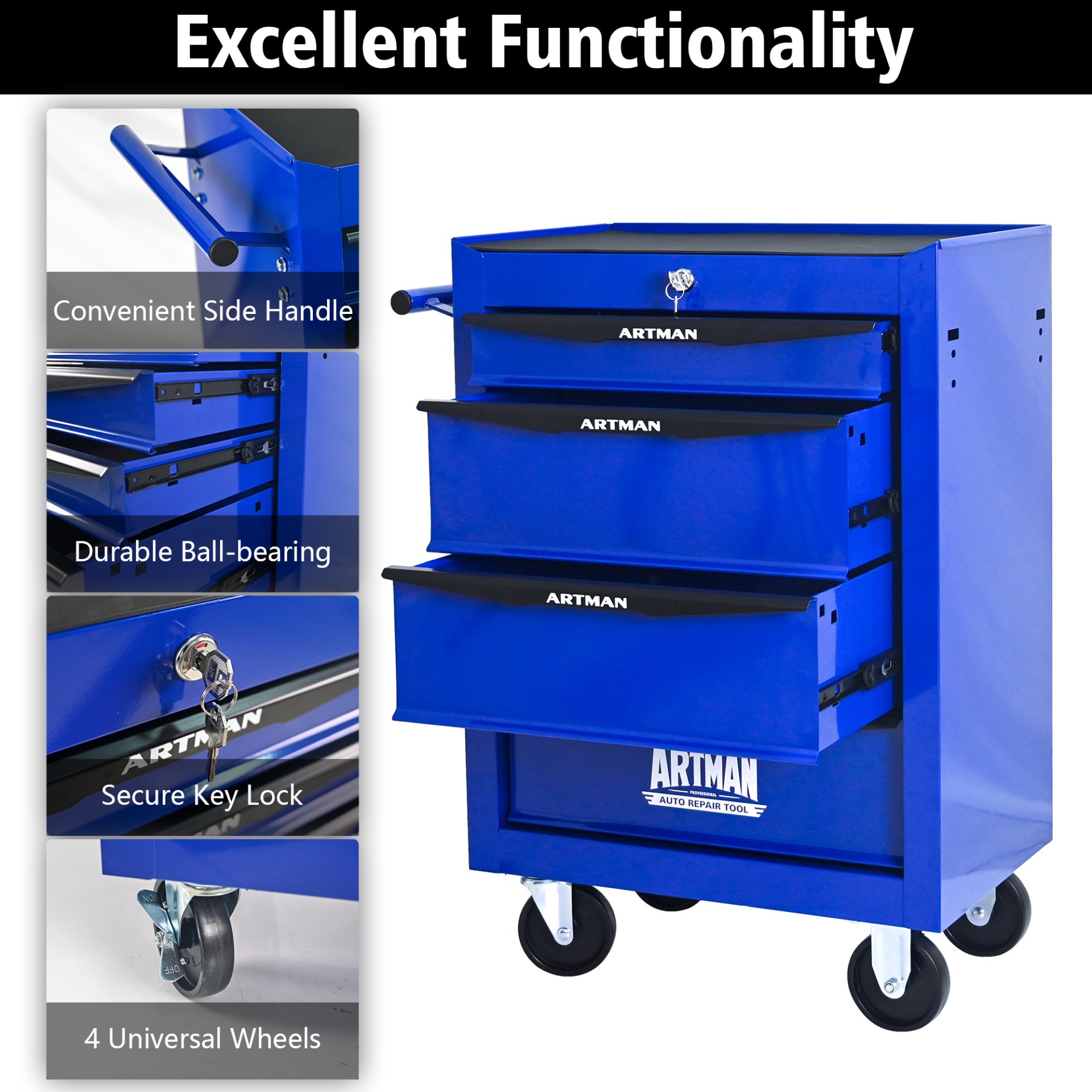 Rolling Metal Tool Chest With 4 Drawers, 20" Steel Storage Cabinet With Ball Bearing Slides - Black / Blue - Image 7