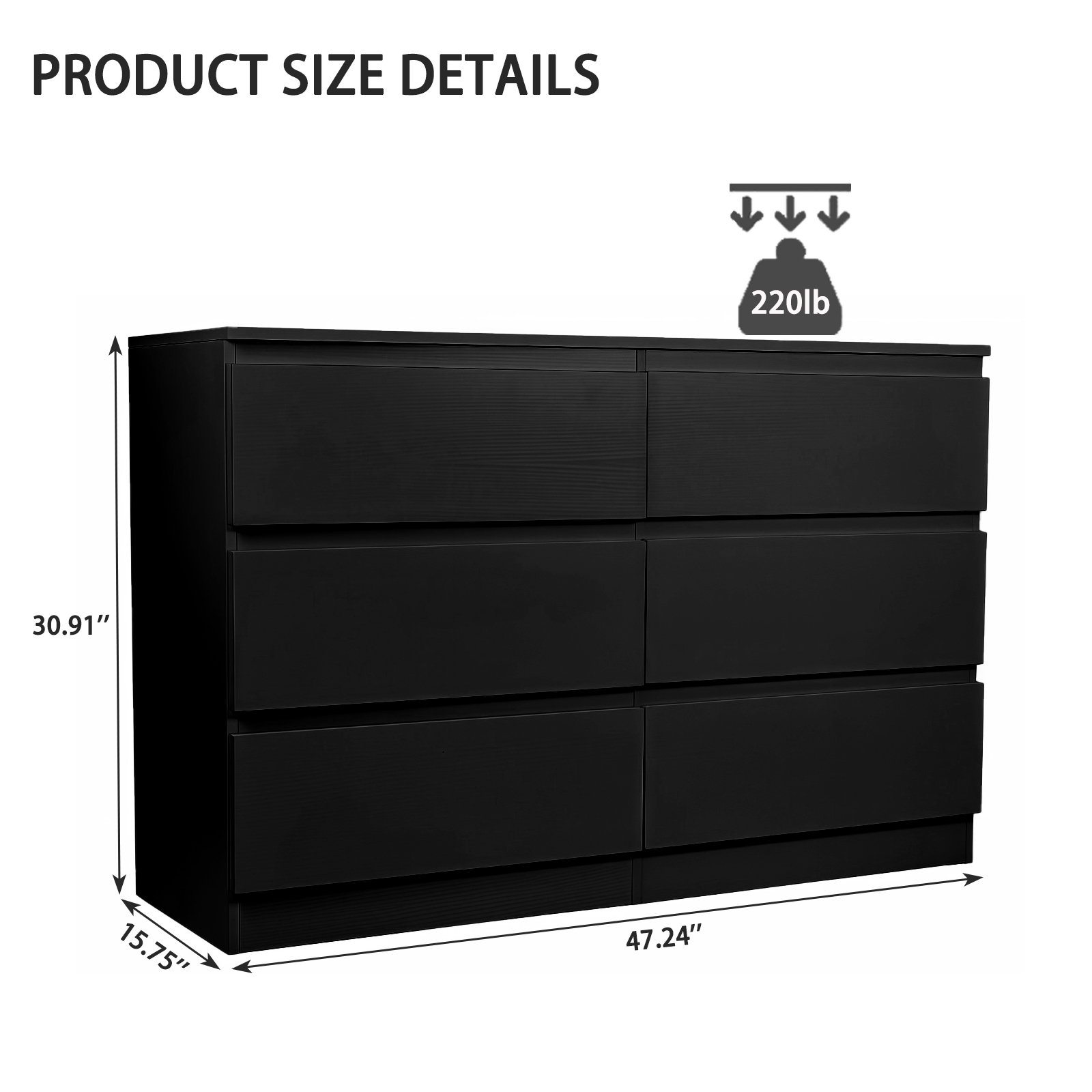 6 Drawer Dresser With Spacious Countertop And Concealed Handles, Storage Cabinet For Bedroom - Black - Image 3