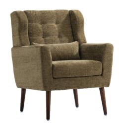 Modern Accent Chair, Chenille Arm Chairs For Living Room, Upholstered Mordern Armchair, Comfy Soft Padded Lounge Chair In Small Space, Bedroom, With Pillow, Solid Wood Leg - Olive Green