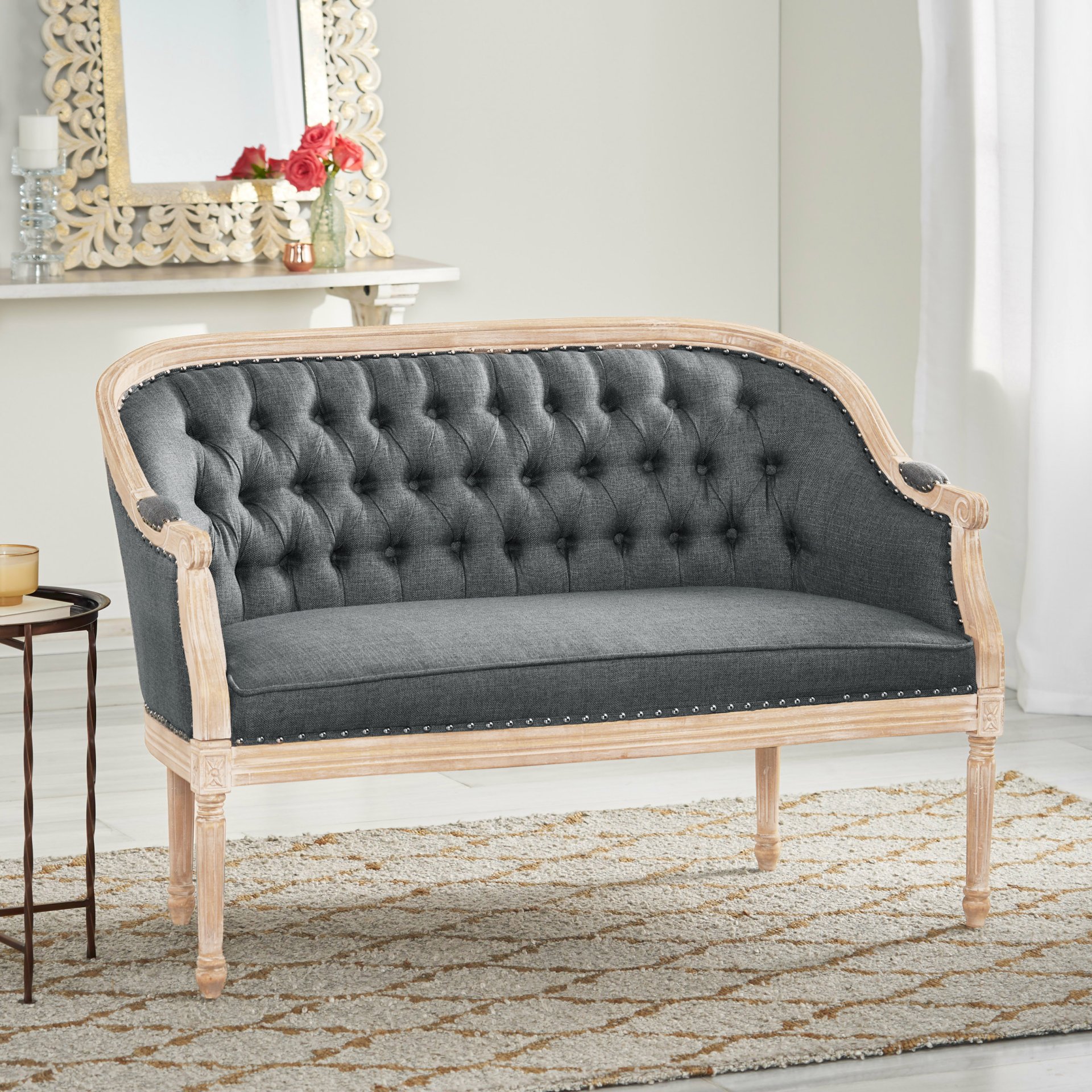 French Country Chesterfield Style Tufted Loveseat - Dark Gray - Image 4
