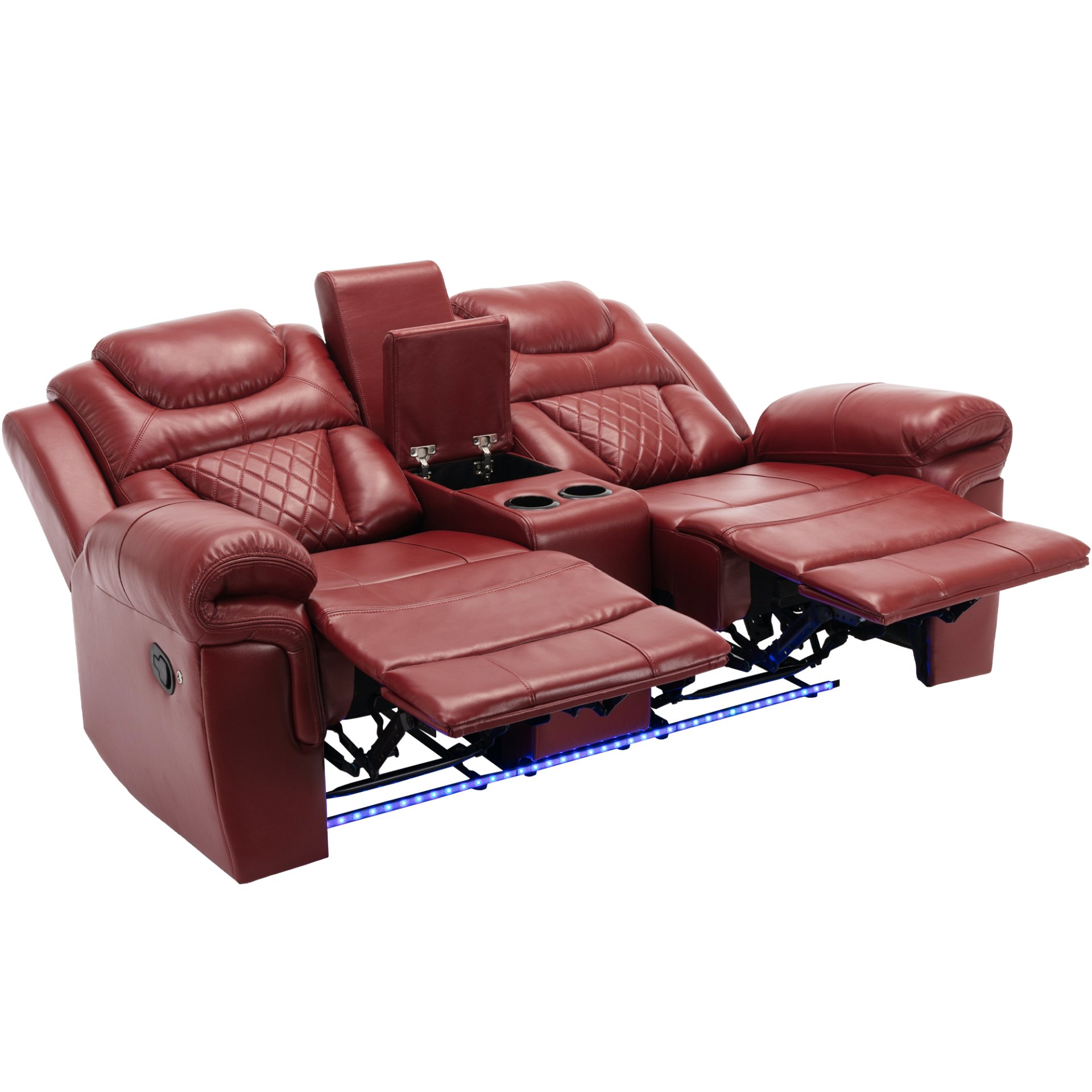 3 Pieces Recliner Sofa Sets Home Theater Seating Manual Recliner Chair With Center Console And Led Light Strip For Living Room - Wind Red - Image 21