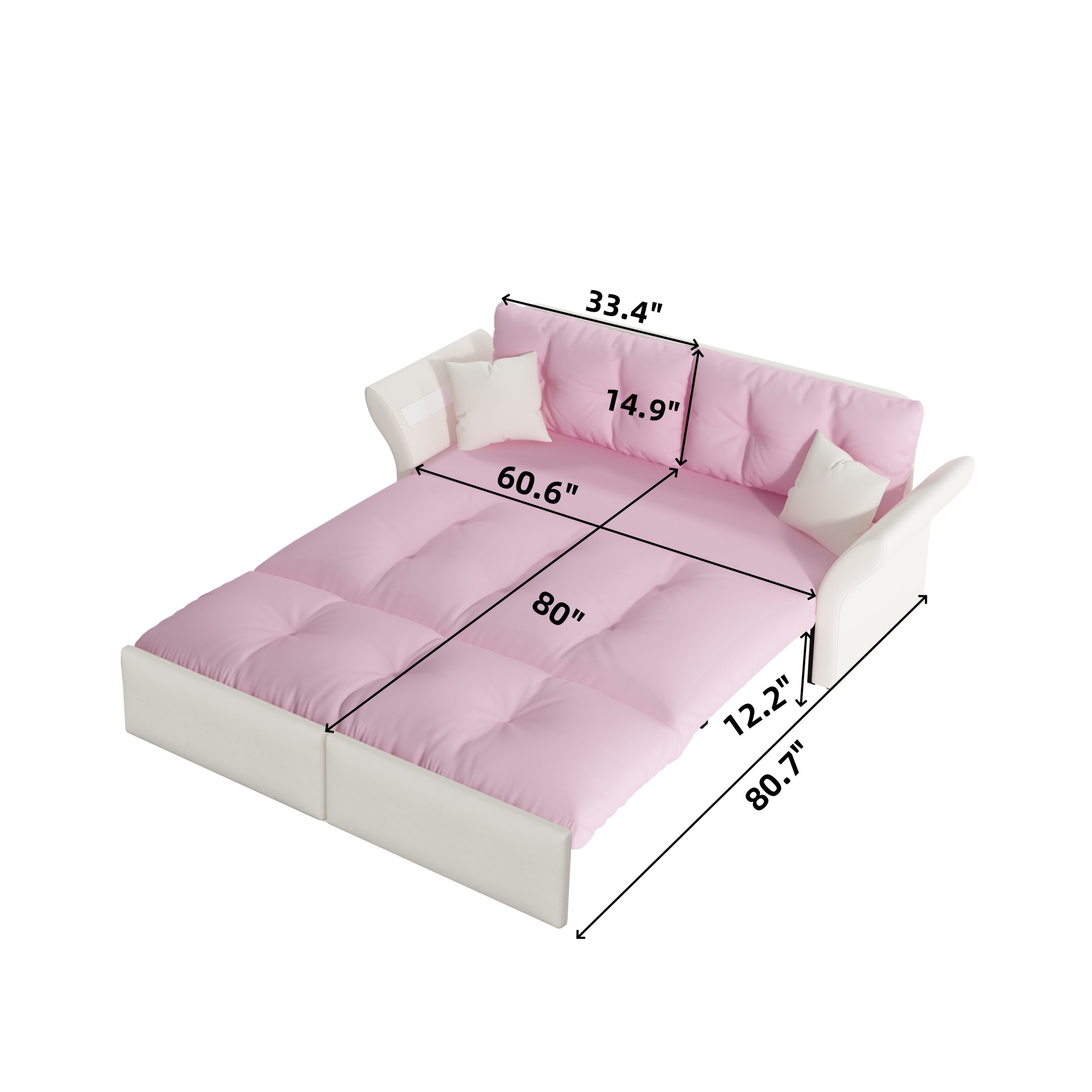 Queen Pull Out Sofa Bed, 3 In 1 Convertible Sleeper Tufted Sofa & 2 Soft Pillows - Pink - Image 9