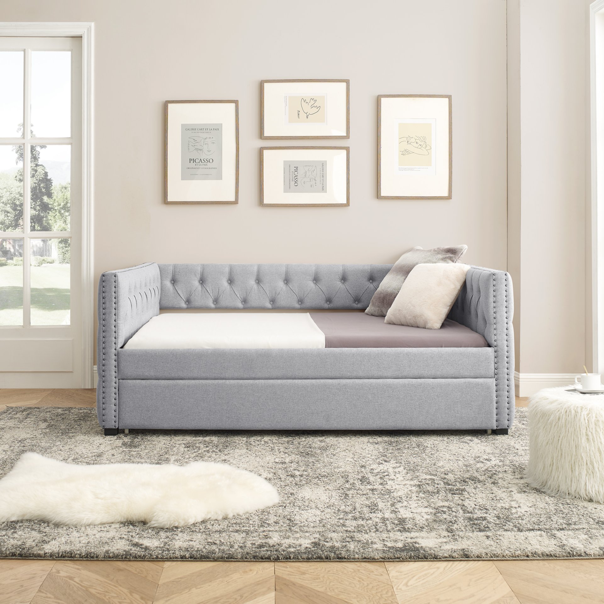 Mid Century Upholstered Tufted Daybed With Trundle Button And Copper Nail Accents Eucalyptus Wood And Linen Full & Twin - Gray - Image 5