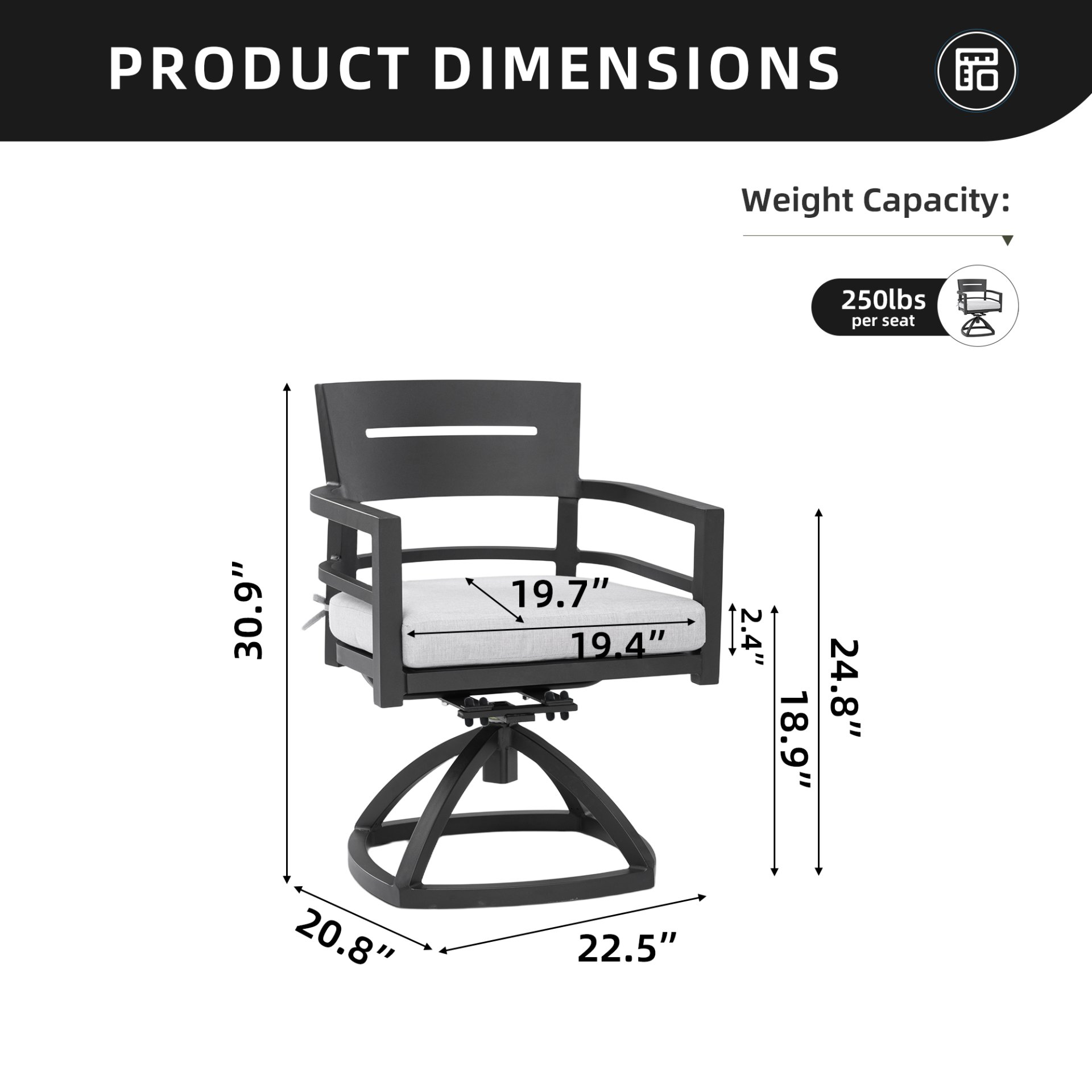 Outdoor Patio Swivel Rocker With Outdoor Grade Sunbrella Fabric Cushions (Set of 2) - Ember Black - Image 3