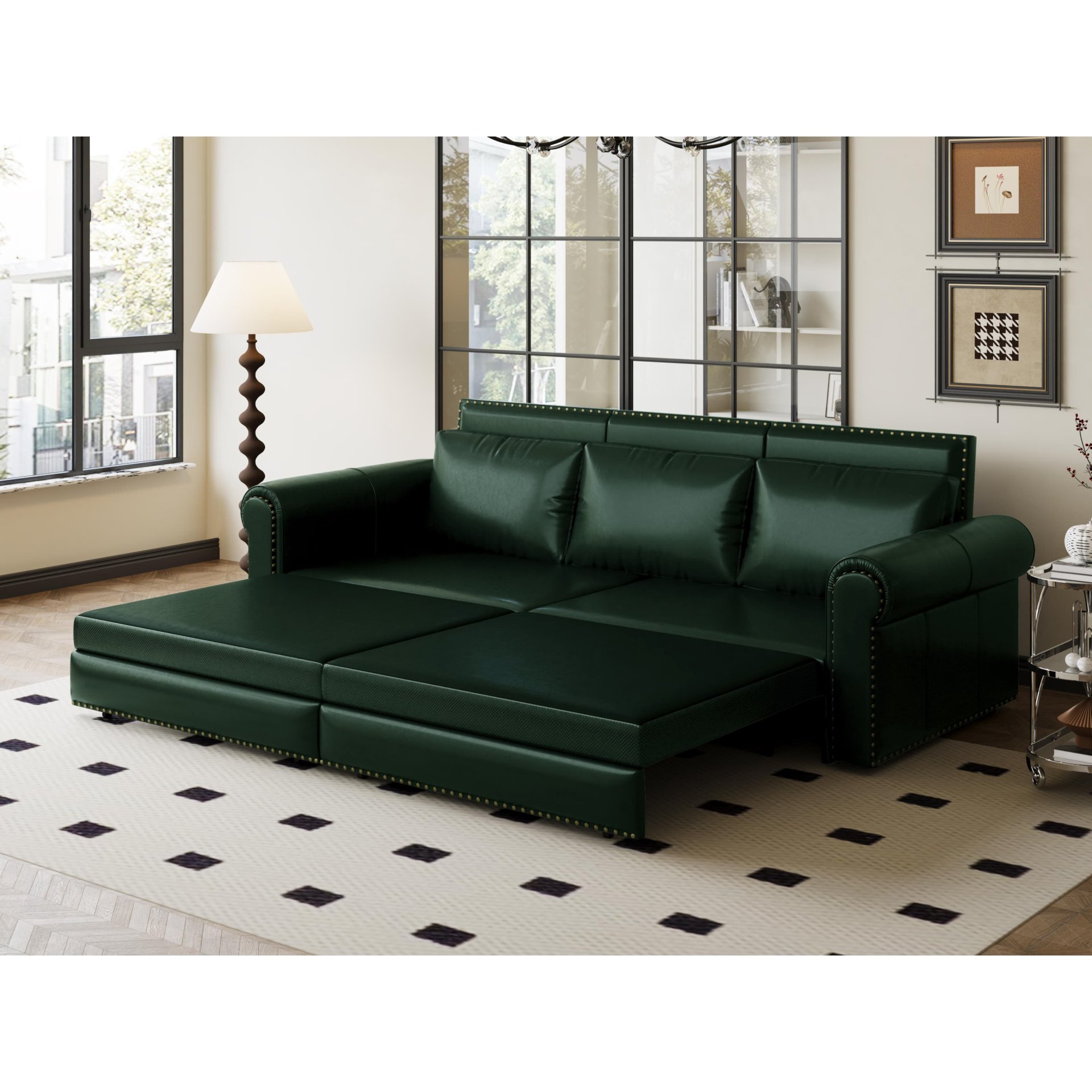 Pull Out Sofa Bed, 3 In 1 Convertible Sleeper Sofa With Nailhead Trim & Rolled Arm, Multi Functional Sofa Bed For Living Room, Bedroom, Apartment, Office - Green - Image 5