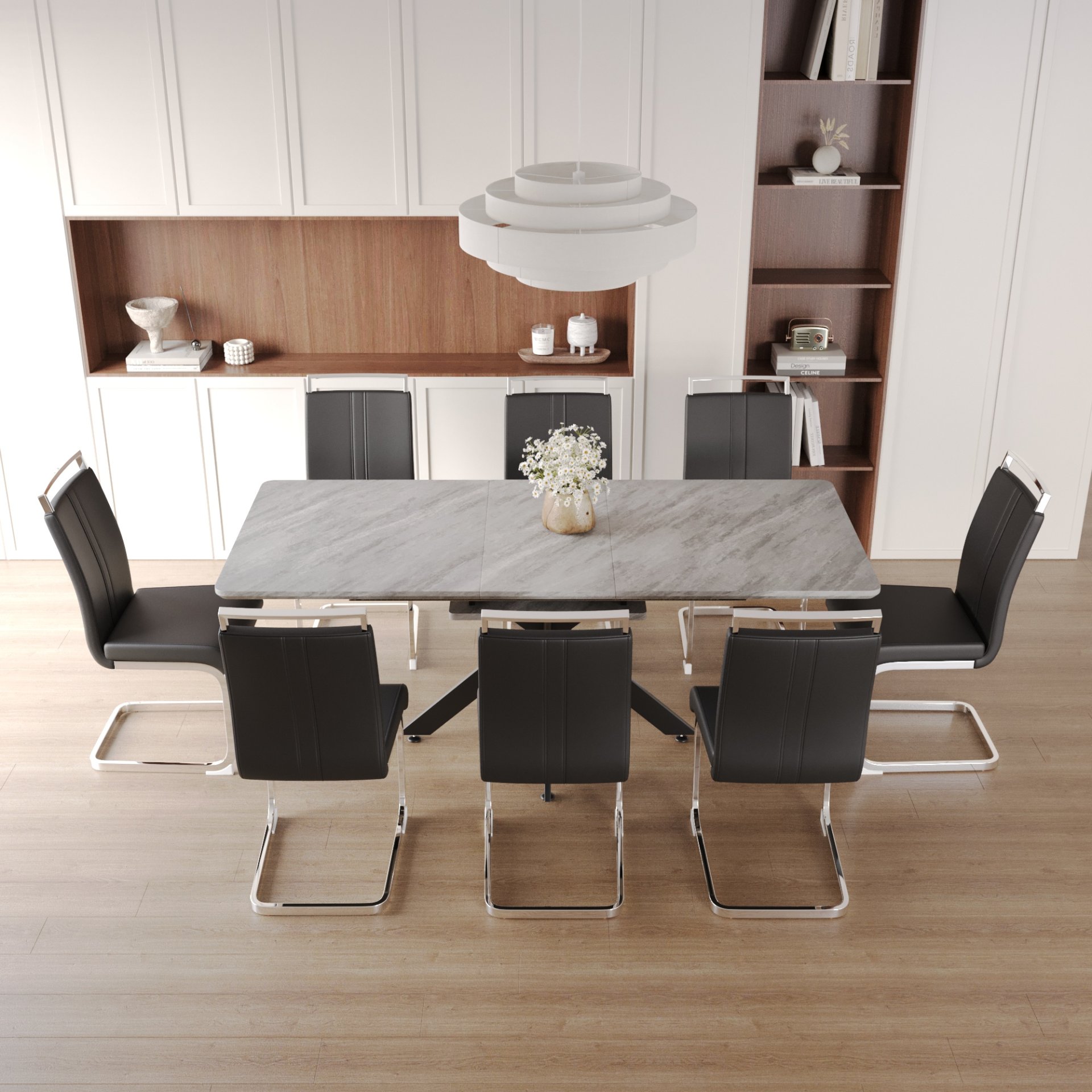 Modern Extendable Dining Table Set With Armless Chairs For 6 - 8 People - Black / Gray - Image 7