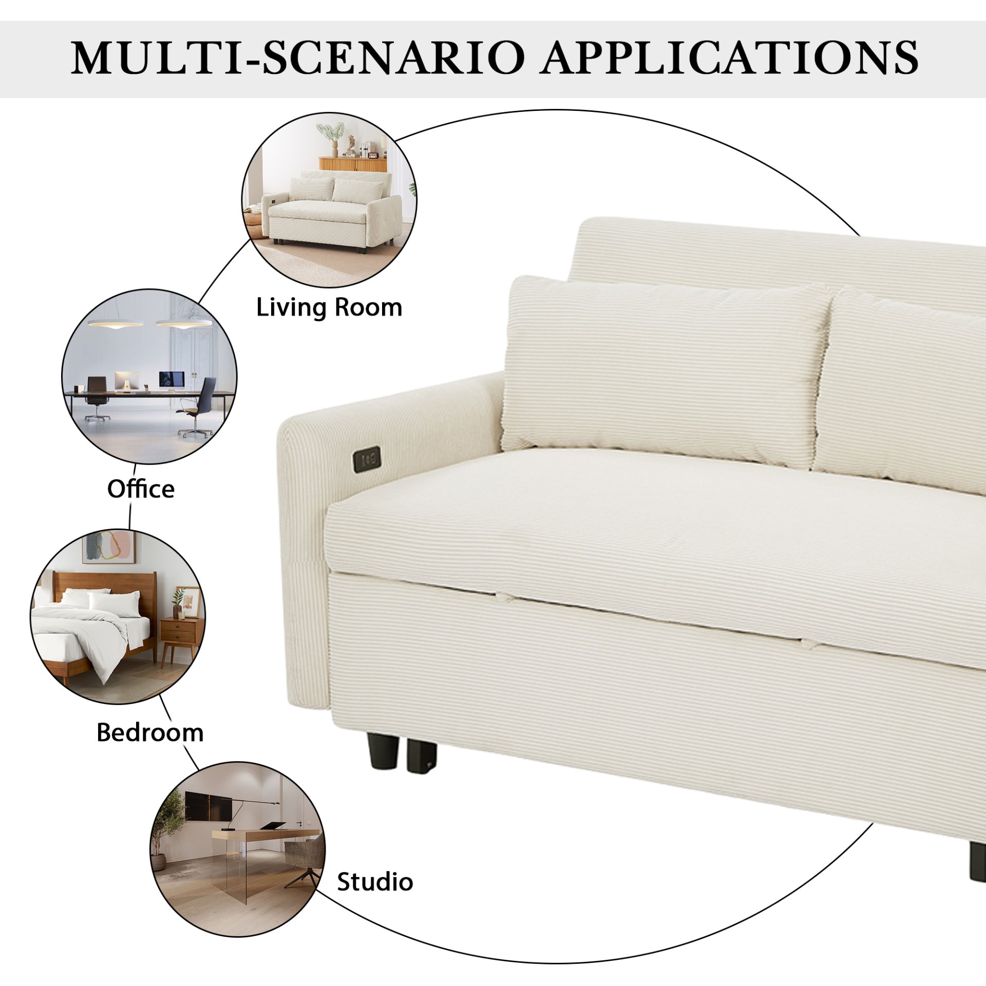 Pull Out Sofa Bed Convertible Couch 2 Seat Loveseat Sofa Modern Sleeper Sofa With 2 Throw Pillows And USB Ports For Living Room - Beige - Image 7