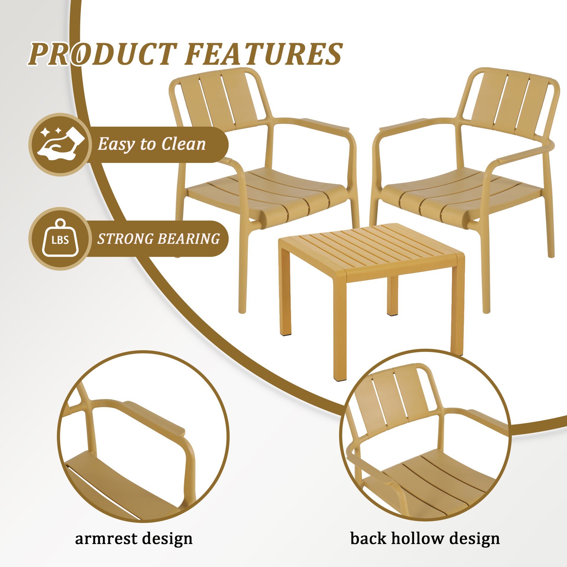 3 Piece Indoor / Outdoor Leisure Table And Chair Set (2 Chairs And 1 Coffee Table), UV Resistant, Waterproof And Durable - Brick Yellow - Image 9