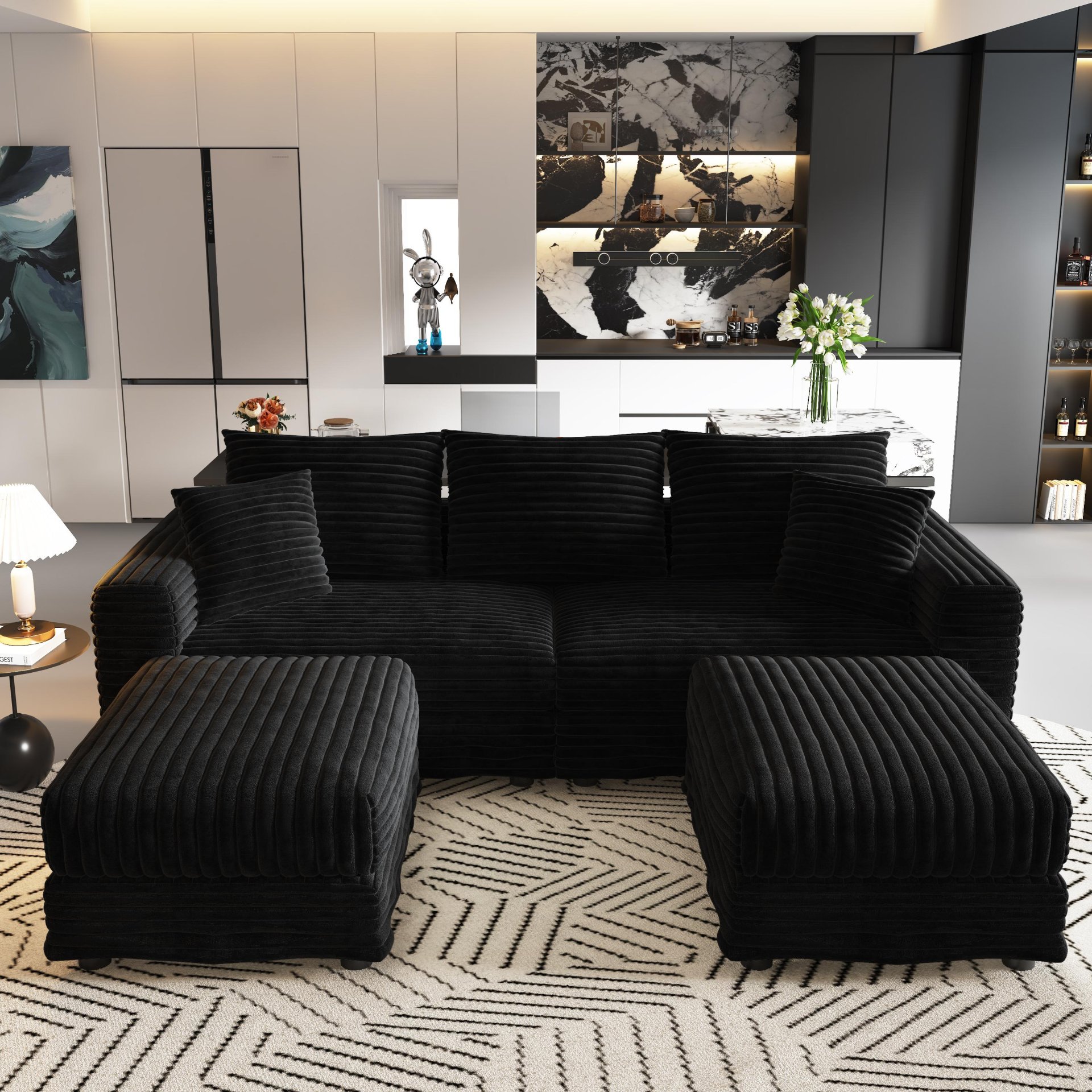 3 Seat Sofa, Deep Seat Couches With Soft Pillows And 2 Ottomans, Convertible Sofa Lounge Chair, For Living Room - Black - Image 15