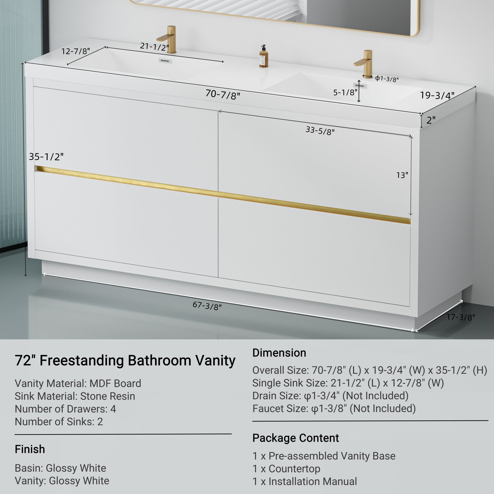 Freestanding Bathroom Vanity With Sink, Bathroom Storage Vanity Cabinet With Stone Resin Countertop And Soft Close Drawers - Glossy White - Image 3