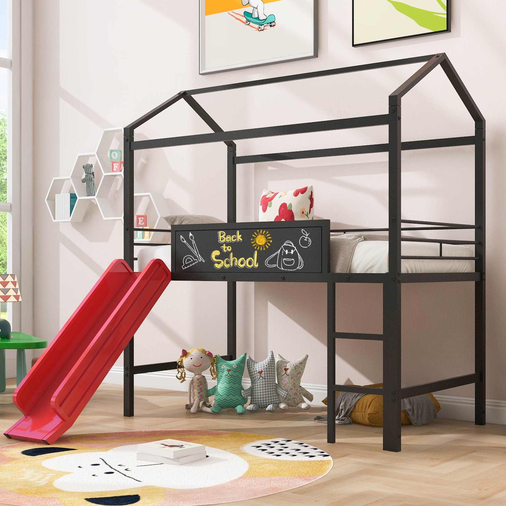 Twin Metal Loft Bed With Slide And 2 Sided Writable Wooden Board - Black - Image 2
