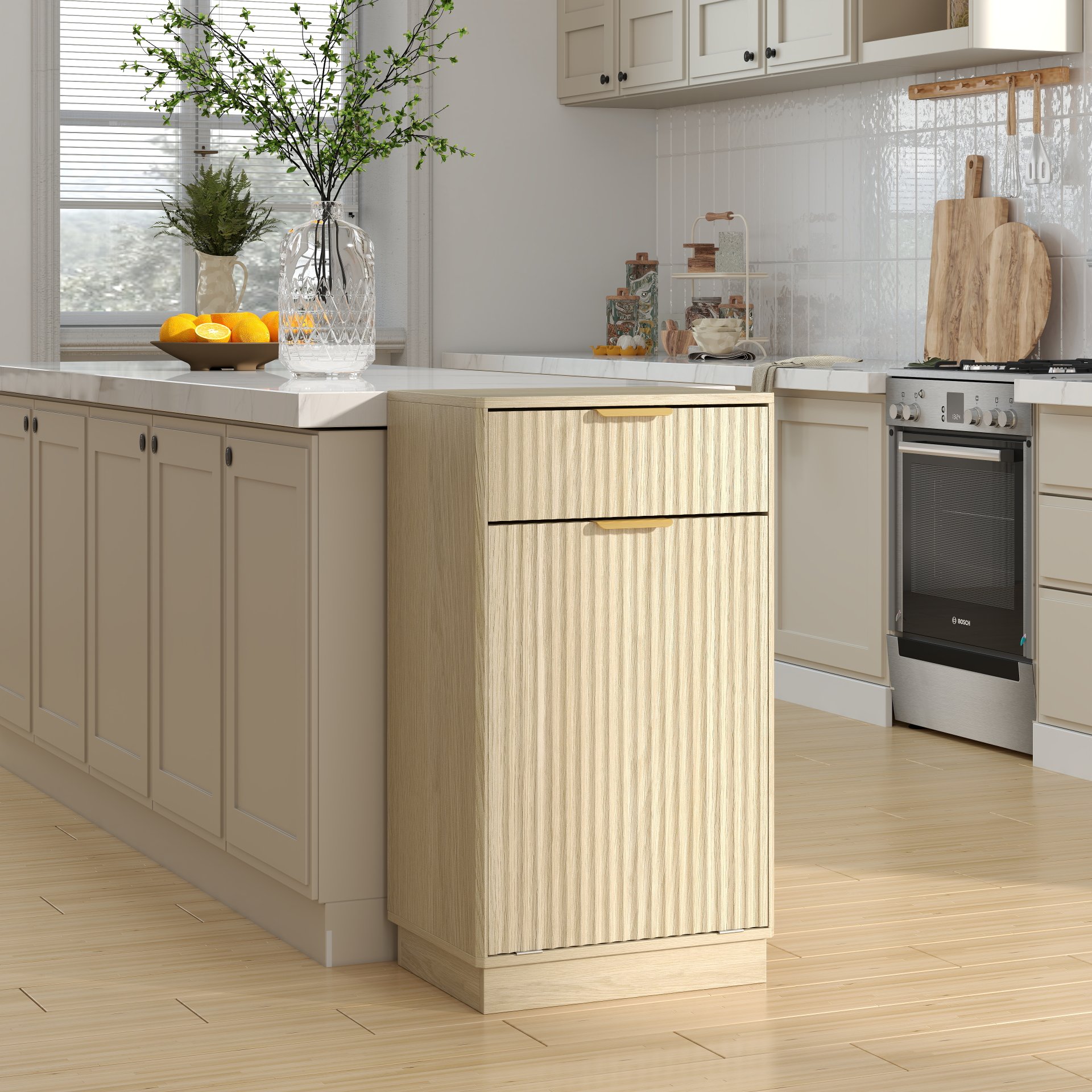 10 Gallon Tilt Out Trash Can Cabinet With Wave Textured Drawer - Oak - Image 14