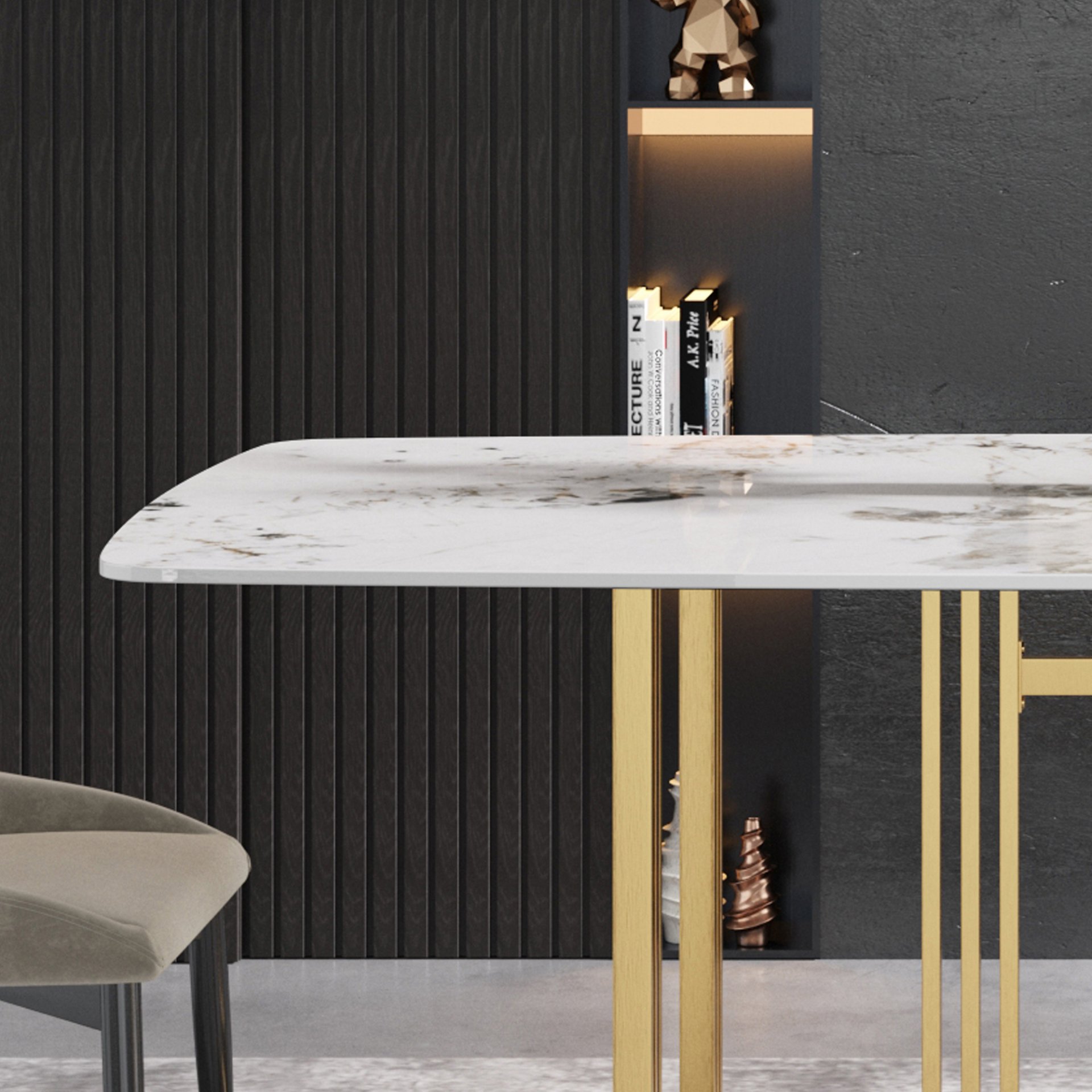 63" Modern Artificial Stone Pandora White Curved Metal Leg Dining Table, 6 People - Antique White - Image 8