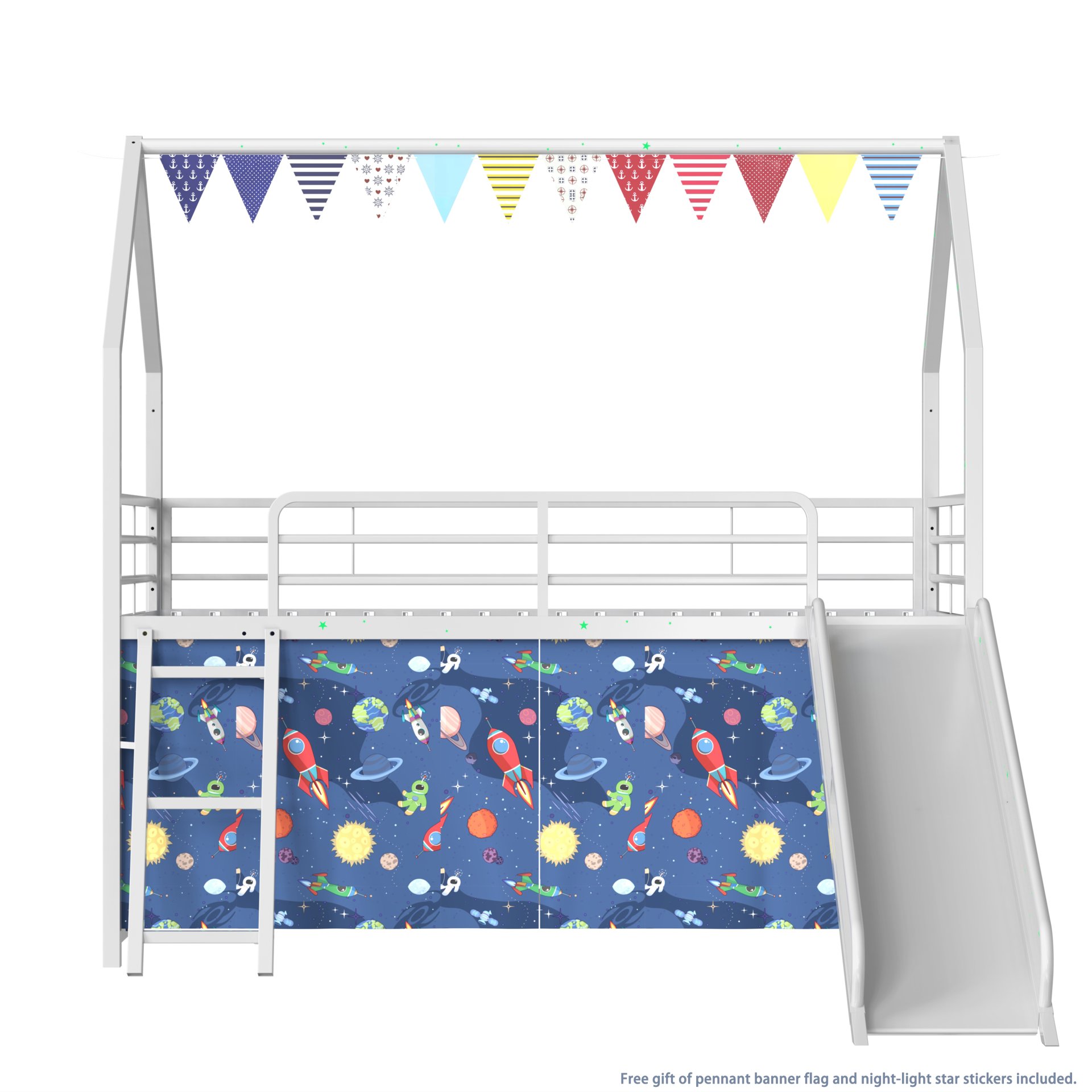 Jack - House Twin Loft Bed With Slide And Curtain Set - White / Blue - Image 9