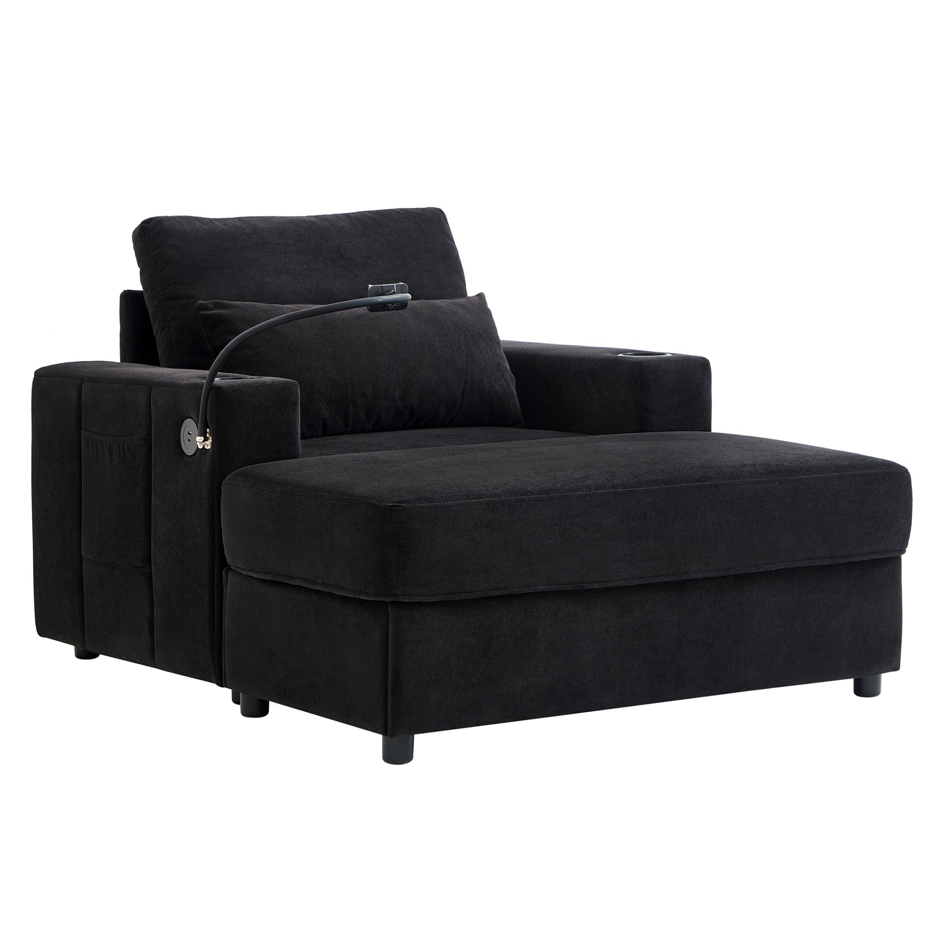 Modern Style Armchair Chaise Lounge Sofa Couch With Movable Storage Ottoman, USB Ports, Cup Holders & Side Pockets Chenille - Black - Image 15
