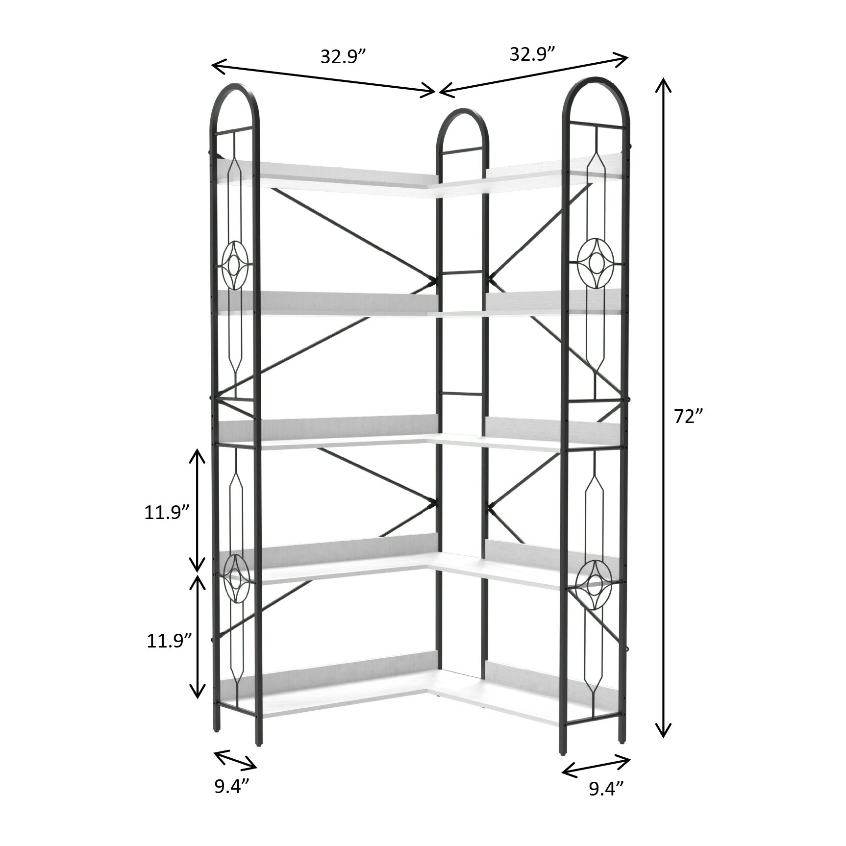 Industrial Style 5 Tier Corner Bookshelf With Thickened Iron Frame - Ivory White - Image 3