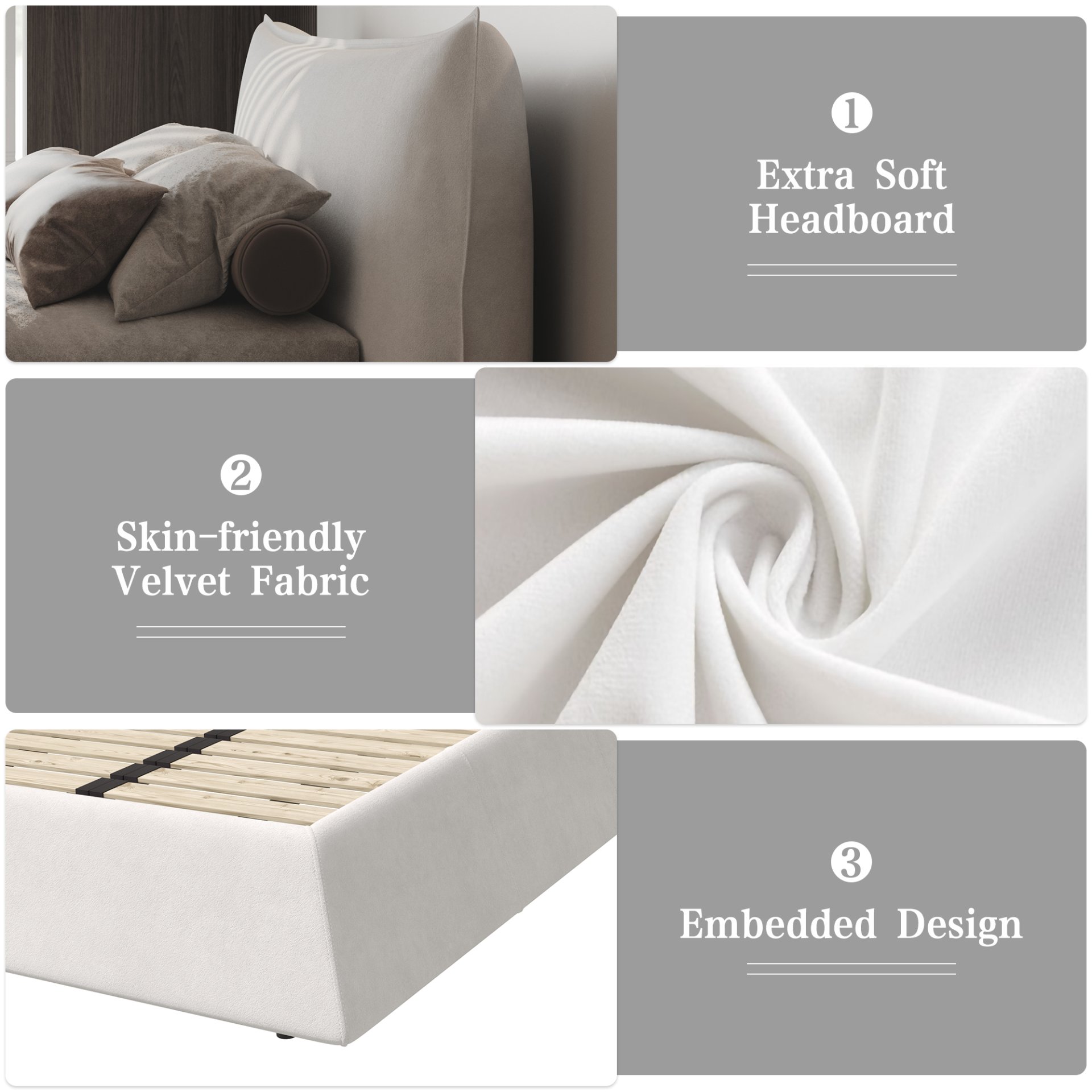 King Size Platform Bed With Special-Shaped Headboard - Cream - Image 14