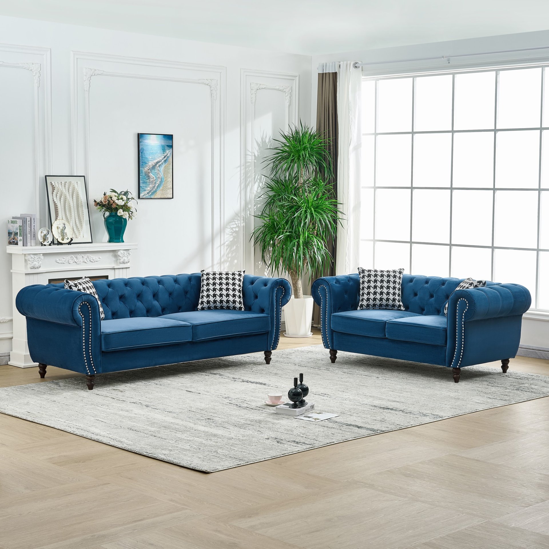 Chesterfield Sofa With Roll Armrest & Nailhead, 3 And 2 Seater - Blue - Image 7