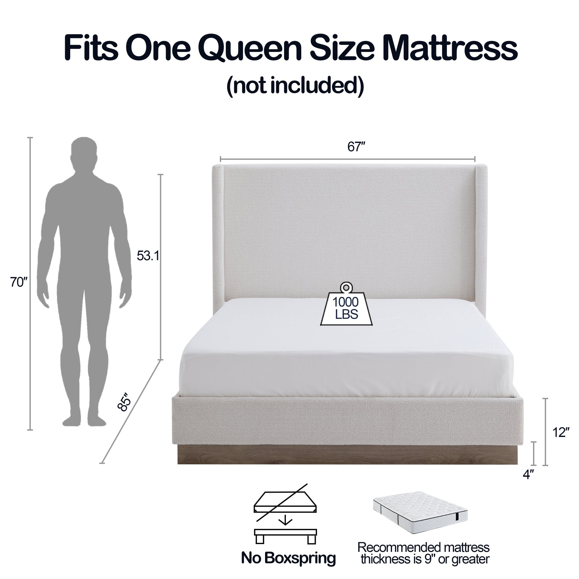 Hosford - Upholstered Wingback Bed Queen With Base Platform, High Headboard - Cream White / Light Gray / Camel Oak - Image 3