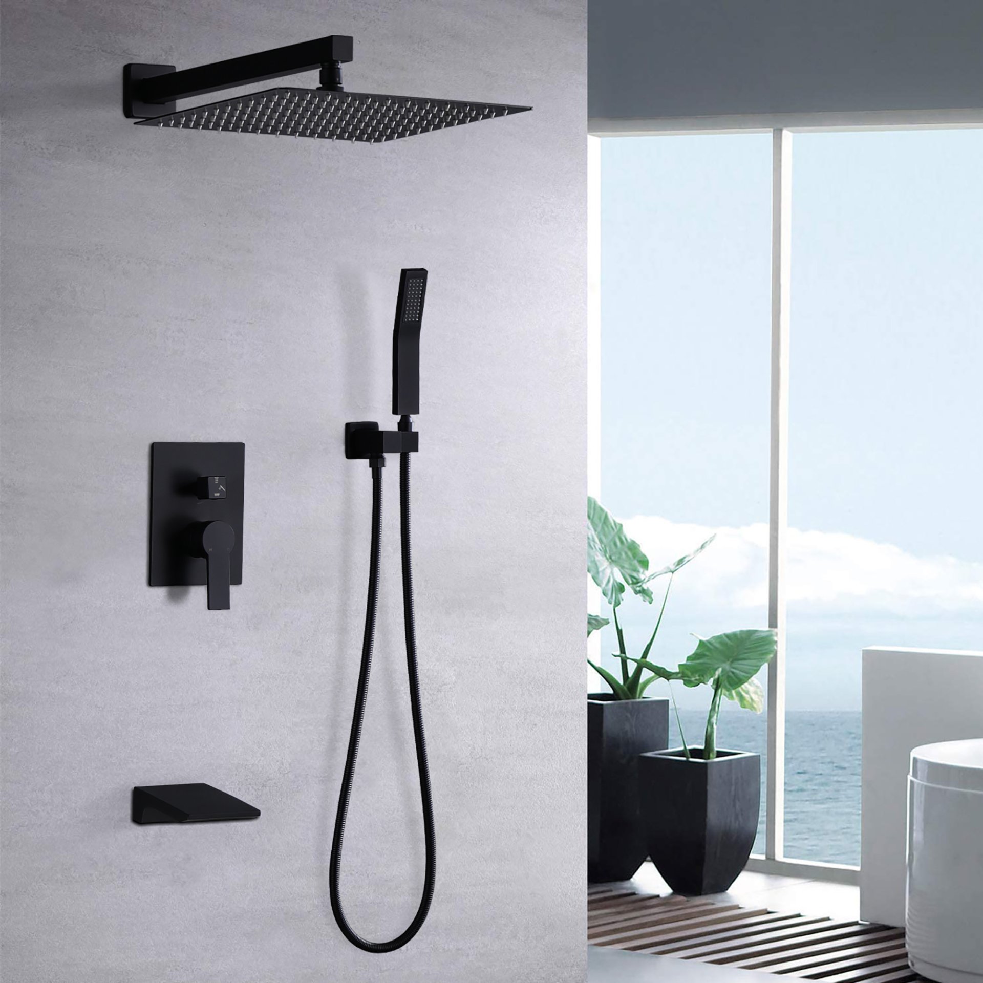 Modern Black Shower Faucet Set Rainfall System With 10" Shower Head And Handheld Combo Stainless Steel - Matte Black - Image 2