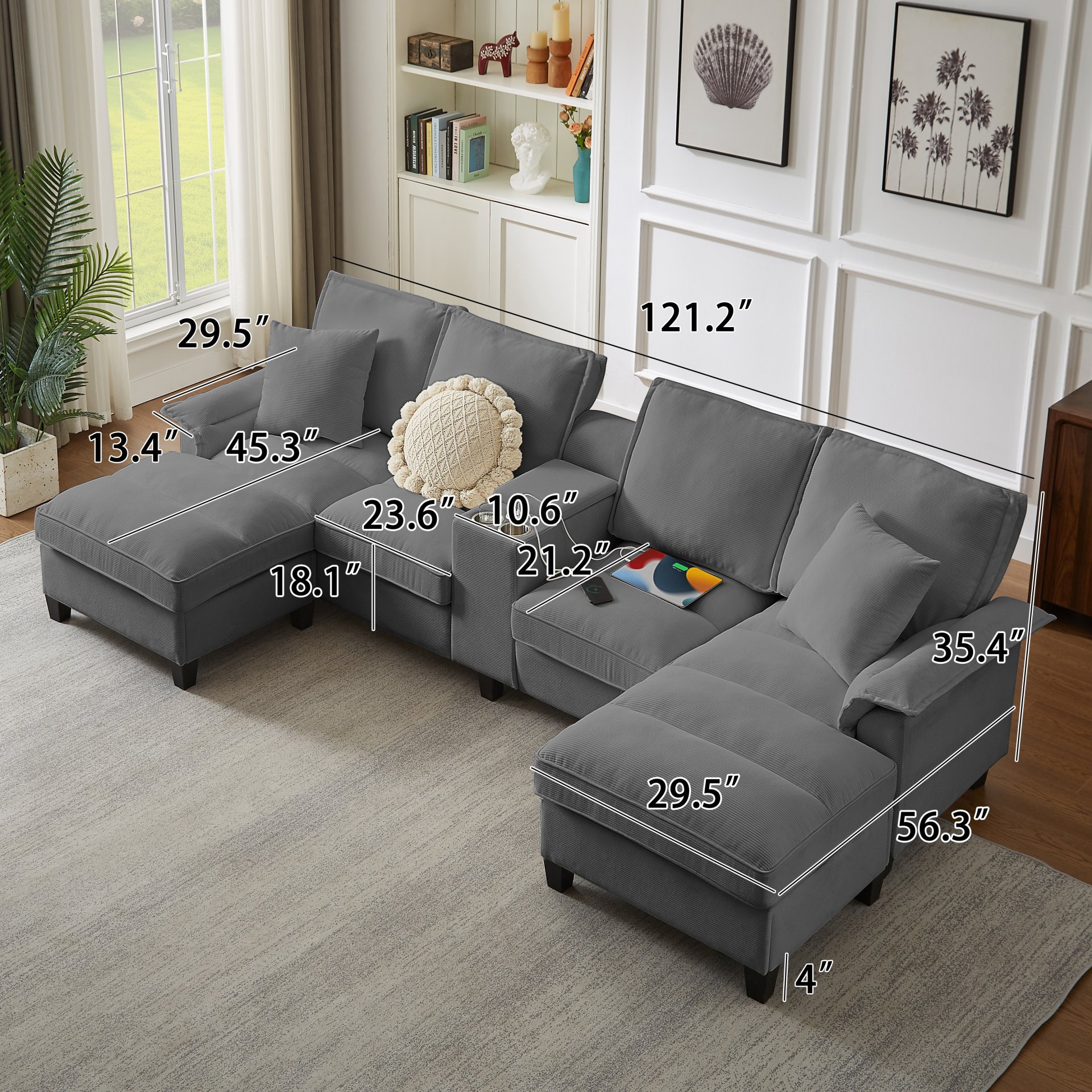 U Shaped Sectional Sofa Bed With Storage, 4 Seater, Features Cup Holders And Soft Foam Cushions - Gray - Image 3