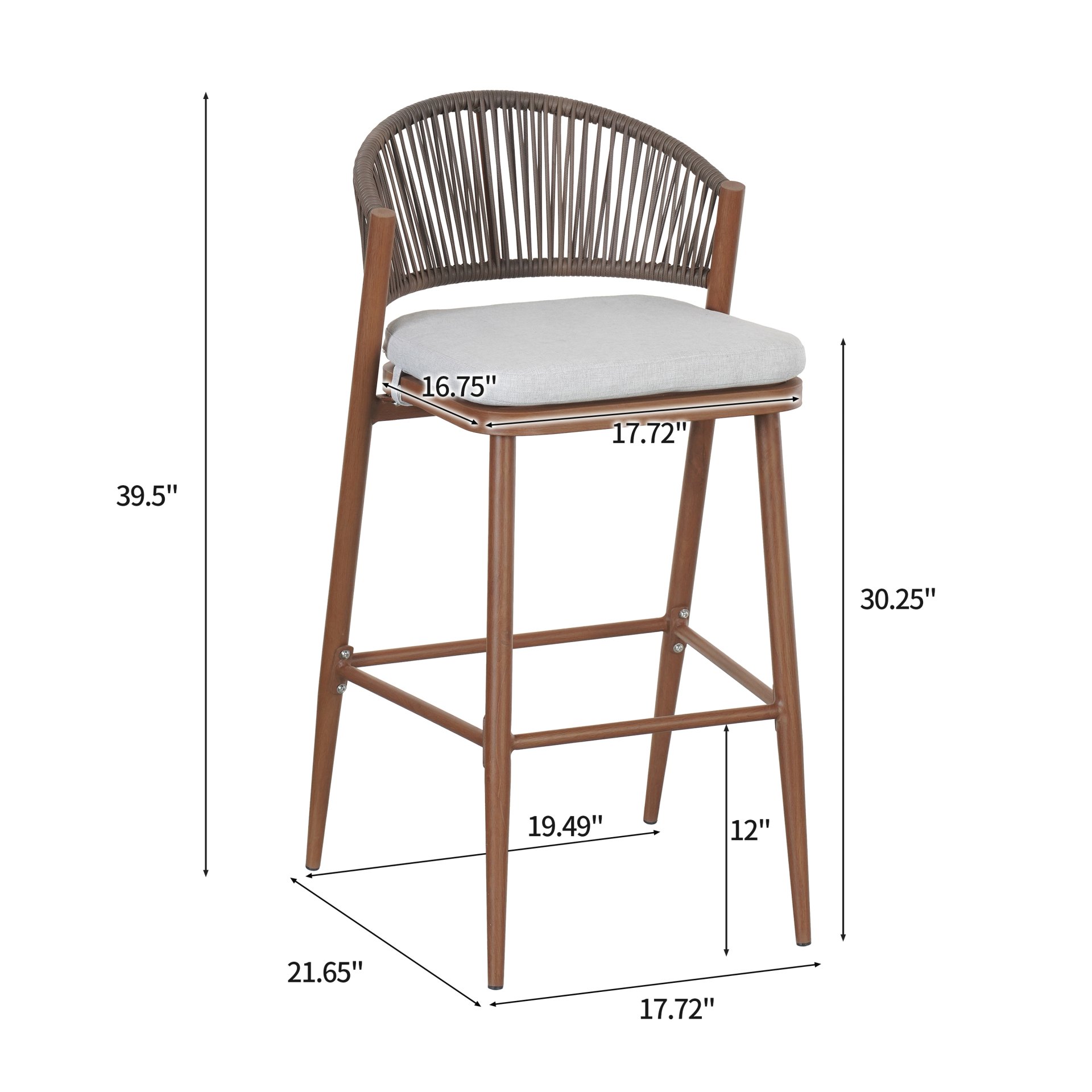 Outdoor Bar Height Aluminum Frame Counter Stools With Scallop Shaped Backrest & Water Resistant Cushions (Set of 2) - Teak - Image 3
