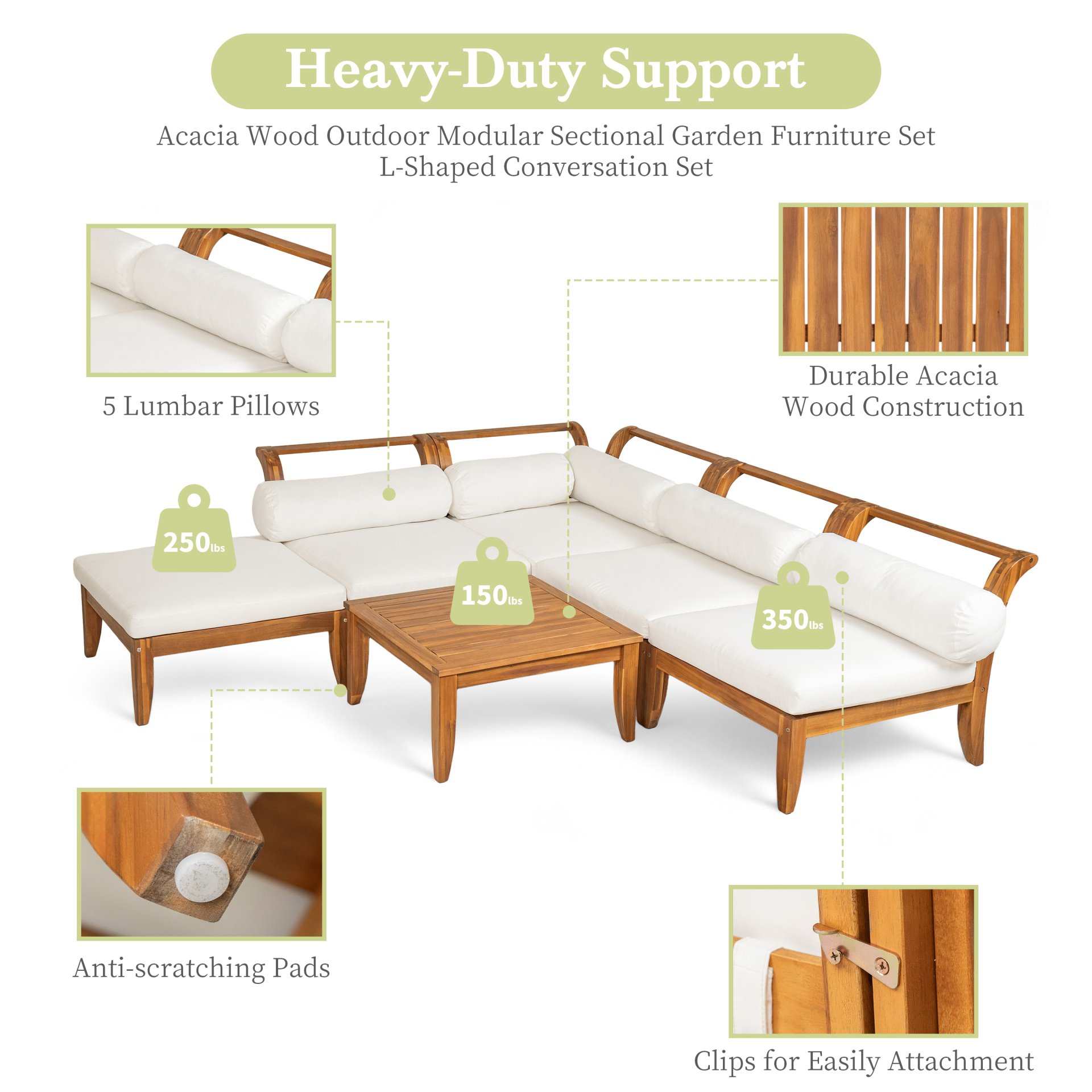 6 Piece Patio Sofa Set, Acacia Wood Outdoor Modular Sectional Garden Furniture Set L Shaped Conversation Set, Convertible Daybed With Tea Table, Ottoman, 5 Cushions And Pillows - Teak / Beige - Image 7