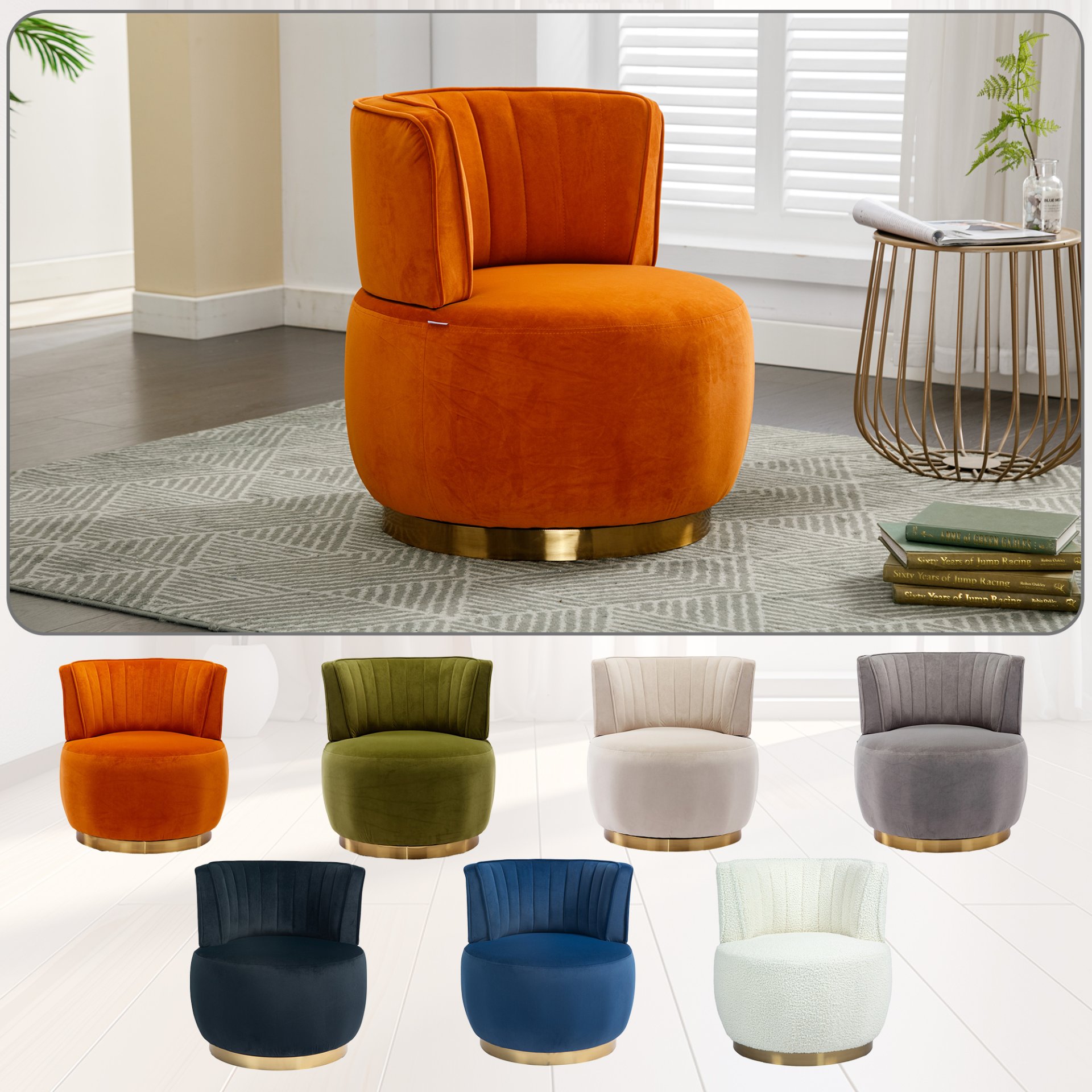360 Degree Swivel Cuddle Barrel Accent Sofa Chair, Fluffy Round Armchair - Orange - Image 20