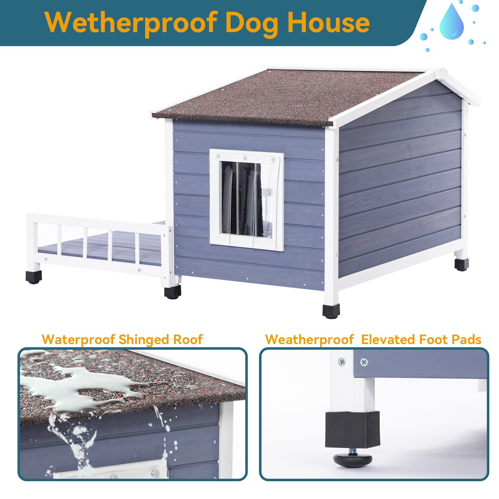 Large Wooden Dog House Indoor Outdoor With Terrace And Open Waterproof Asphalt Roof, Outdoor Dog House With Raised Floor, Windows And Door Curtains, Suitable For Small And Medium Dogs - Gray - Image 7