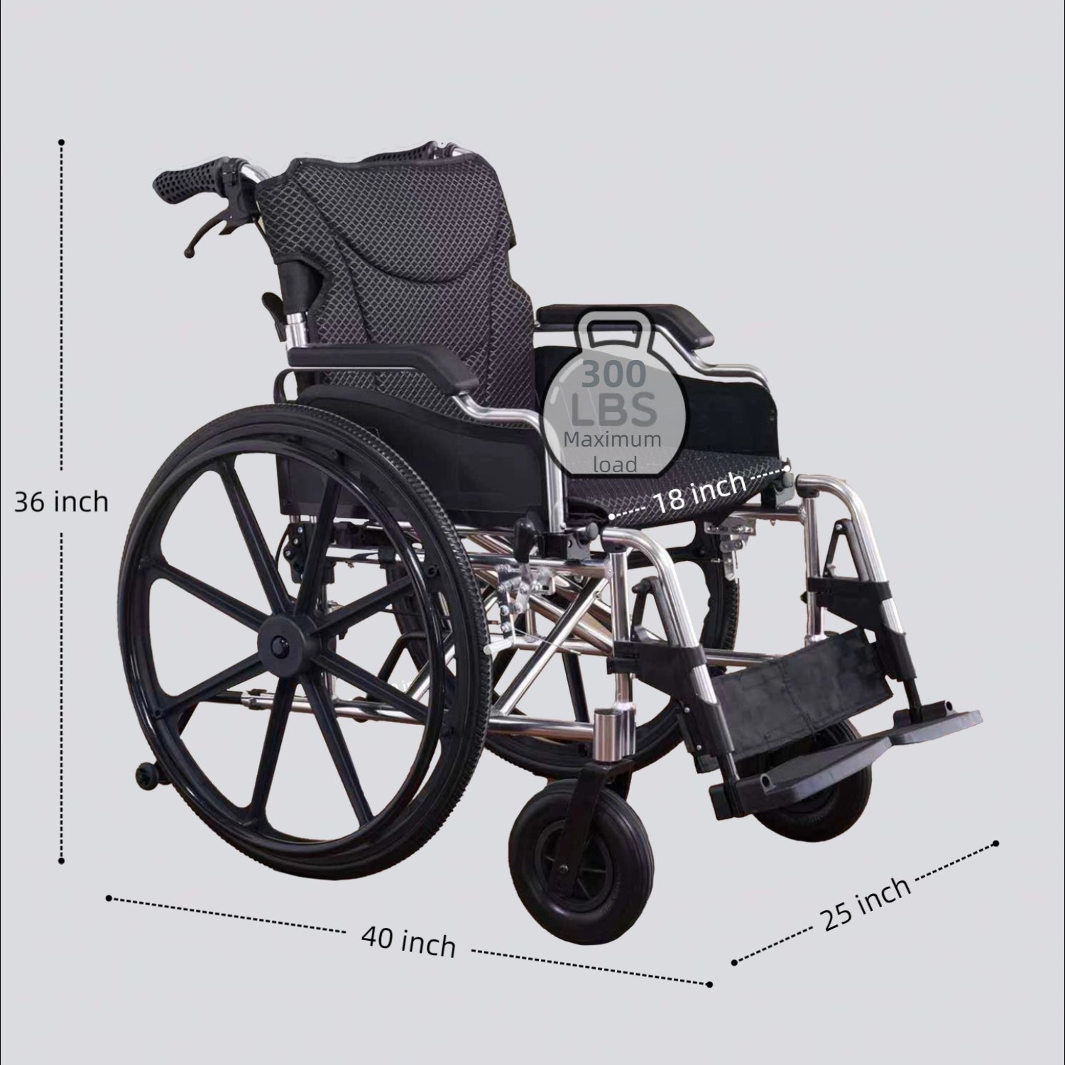 Lightweight Foldable Transport Wheelchair With Double X Force Support And Anti Backflip Device 18" Seat 300Lbs Capacity - Black / Silver - Image 3