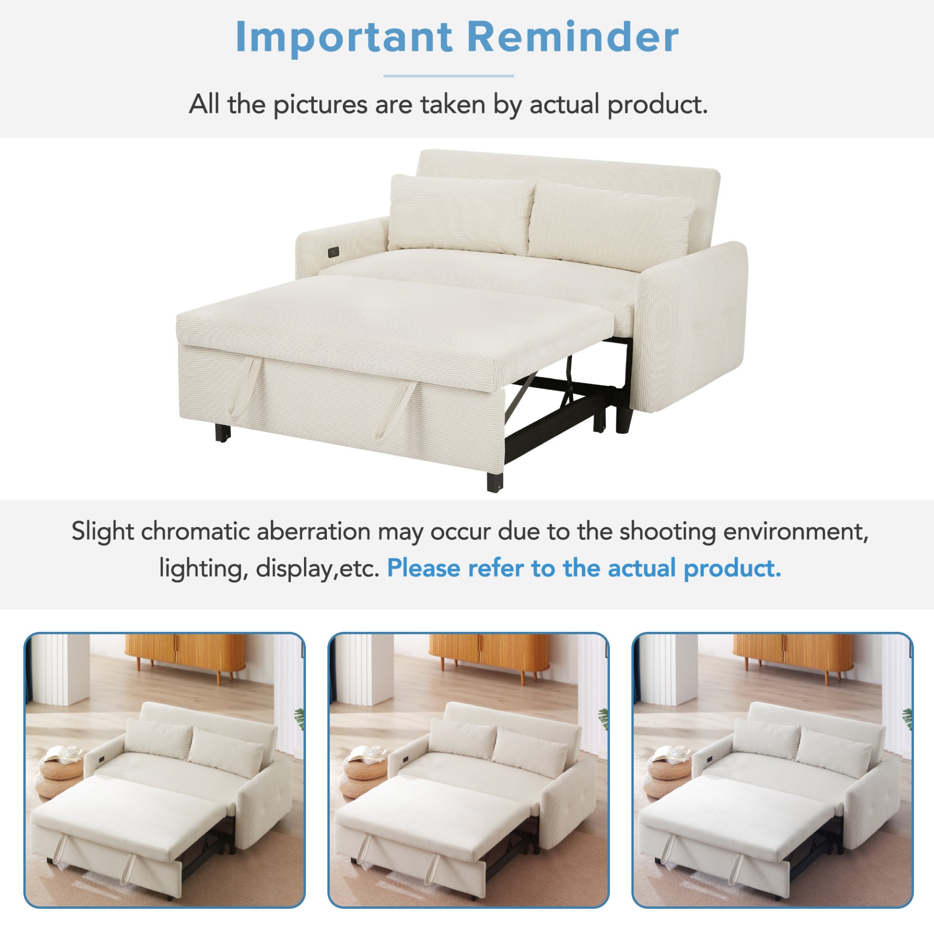 Pull Out Sofa Bed Convertible Couch 2 Seat Loveseat Sofa Modern Sleeper Sofa With 2 Throw Pillows And USB Ports For Living Room - Beige - Image 8
