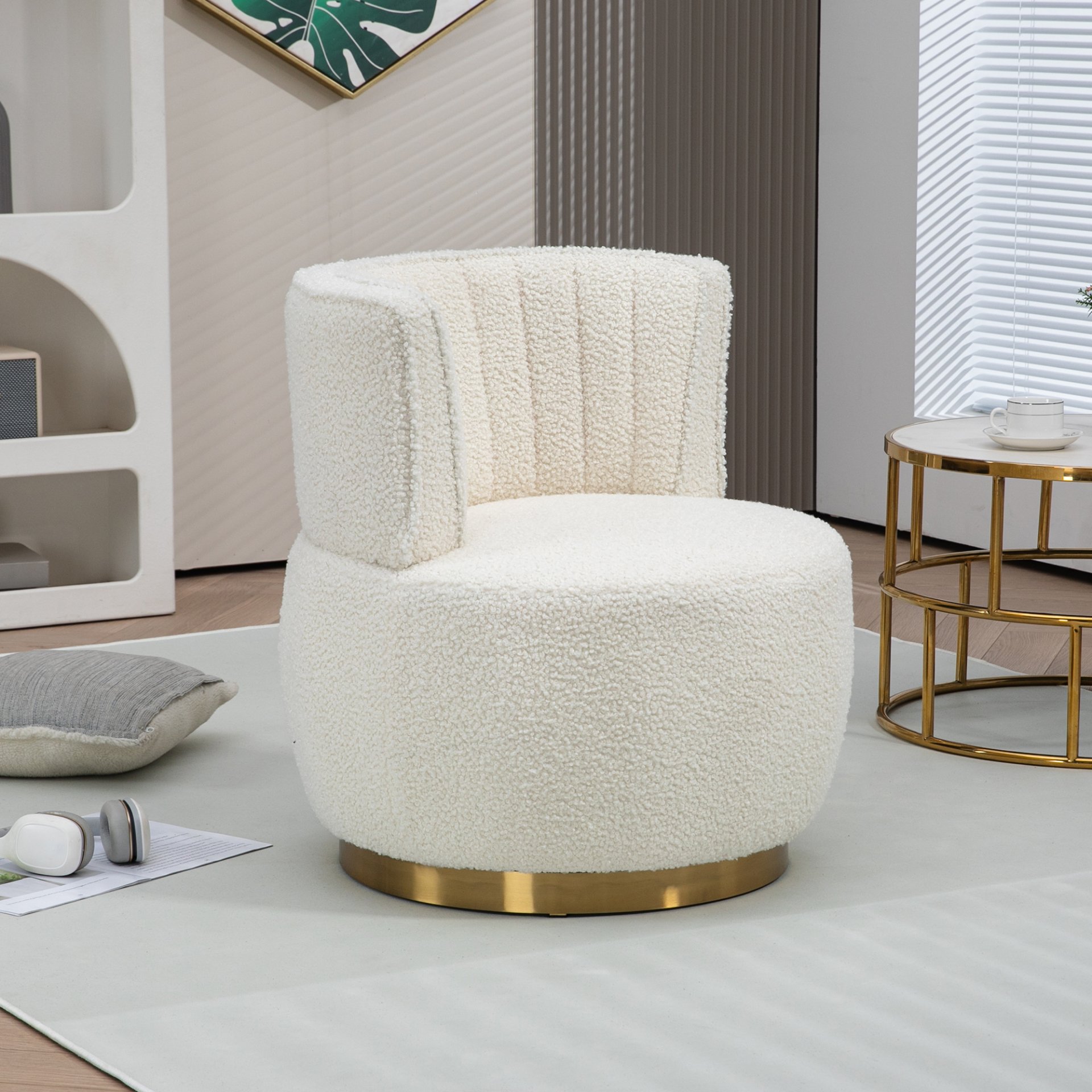 Coolmore - 360 Degree Swivel Cuddle Barrel Accent Sofa Chair, Round Armchair With Wide Upholstered Teddy Fabric - Cream - Image 2