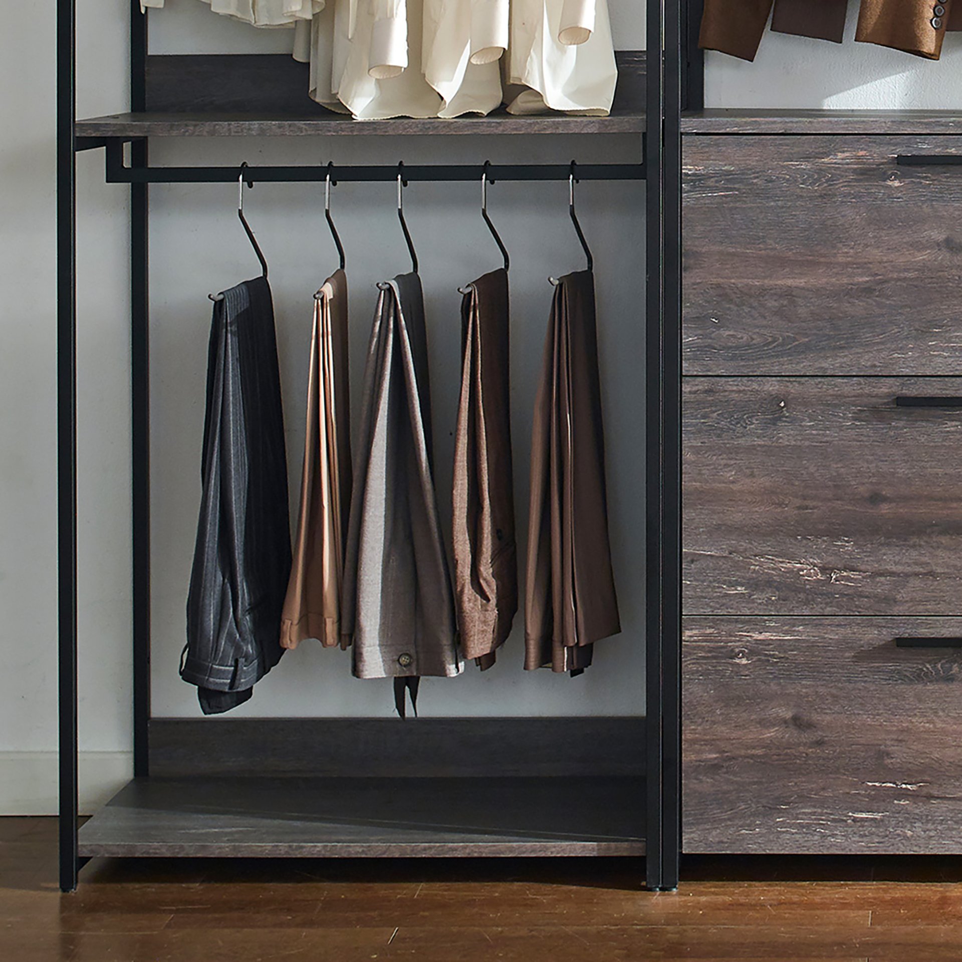 Monica - Wood Walk In Closet System With Powder Coated Metal Frame And Melamine - Rustic - Image 7