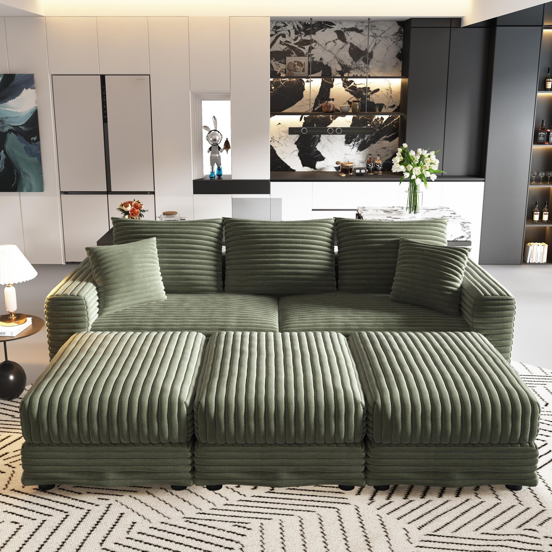 3 Seat Sofa, Deep Seat Couches With Soft Pillows And 3 Ottomans, Convertible Sofa Lounge Chair, For Living Room - Green - Image 11