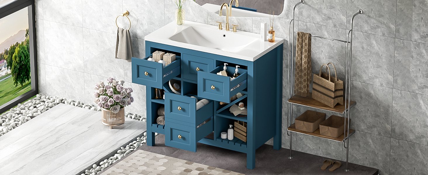 Bathroom Vanity With Resin Sink Combo, Frame Bathroom Storage Cabinet, Freestanding Vanity Set, 5 Drawers & Soft Closing Doors - Blue - Image 26