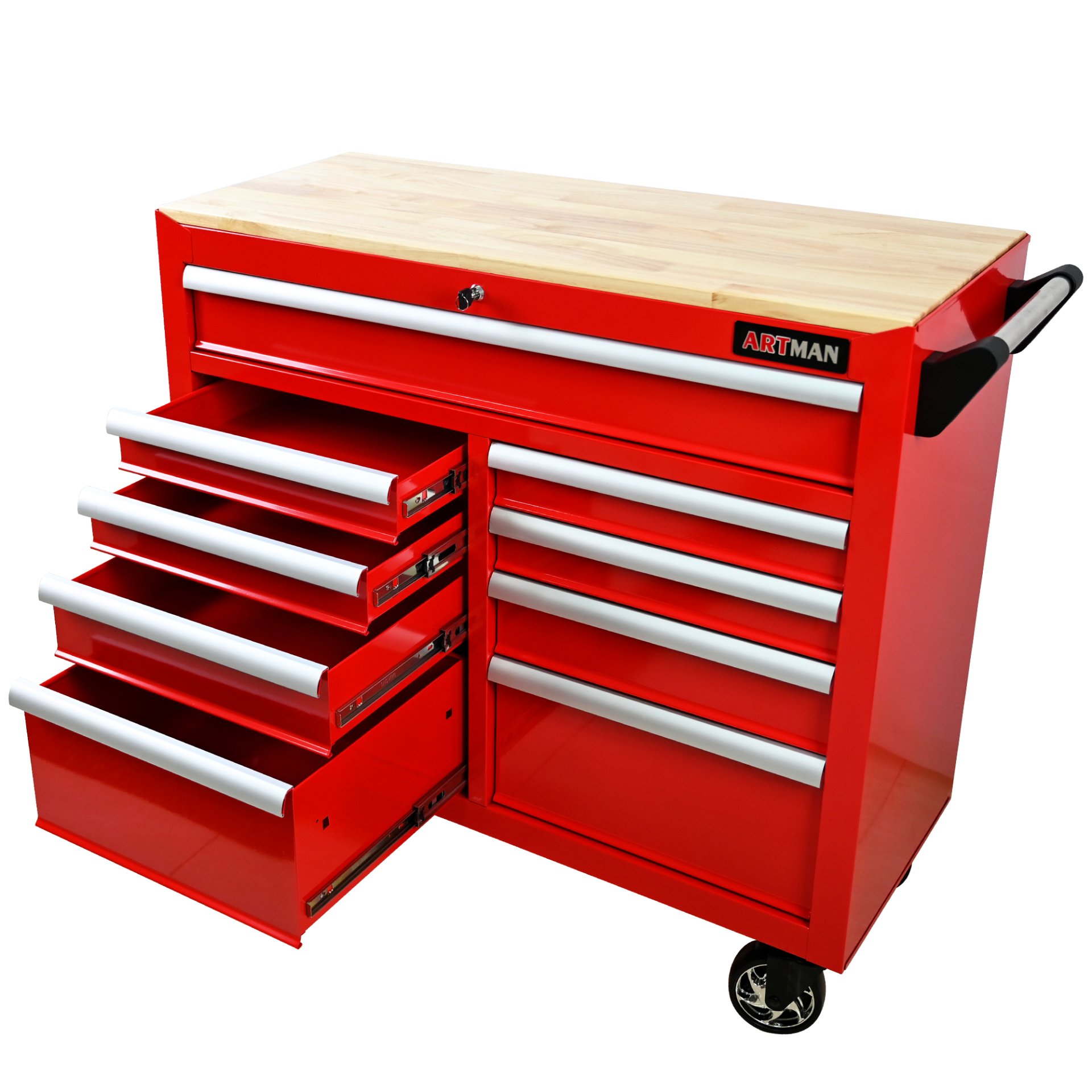 9 Drawer Multifunctional Steel Tool Cart With Wheels And Wooden Top - Red - Image 7